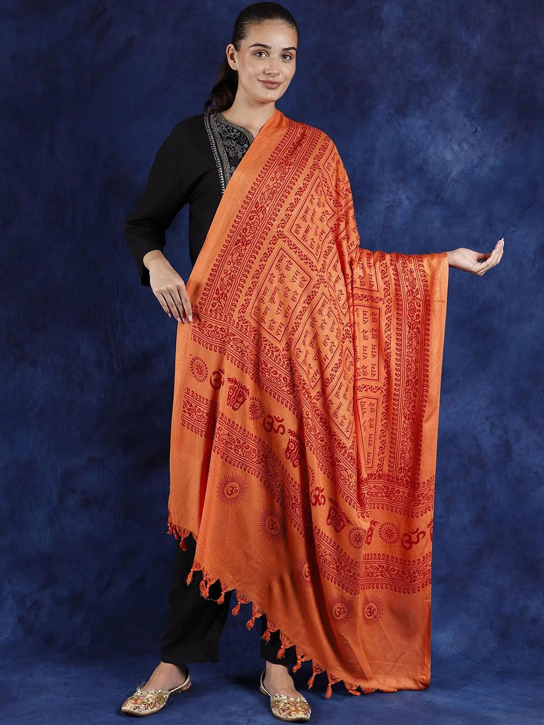 Exotic India Vermillion Orange Polycotton Hare Ram Hare Krishna Prayer Shawl