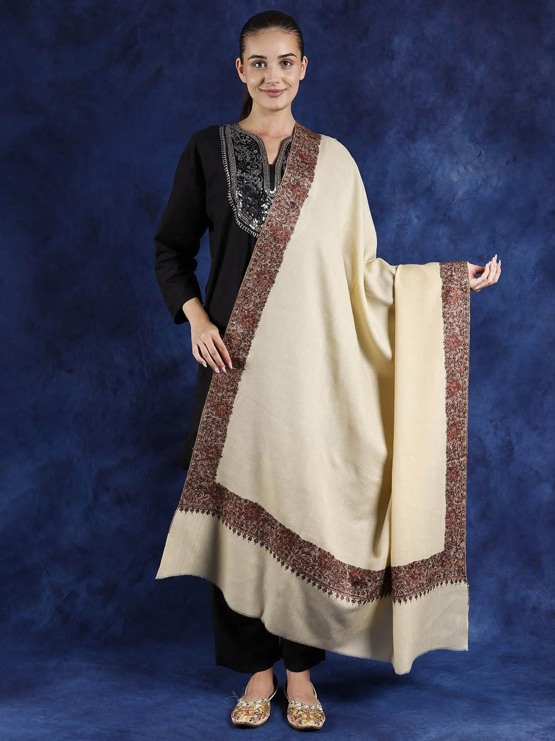 Exotic India Banana Crepe Hand-Woven Sozni Embroidered Pure Wool Kashmiri Shawl