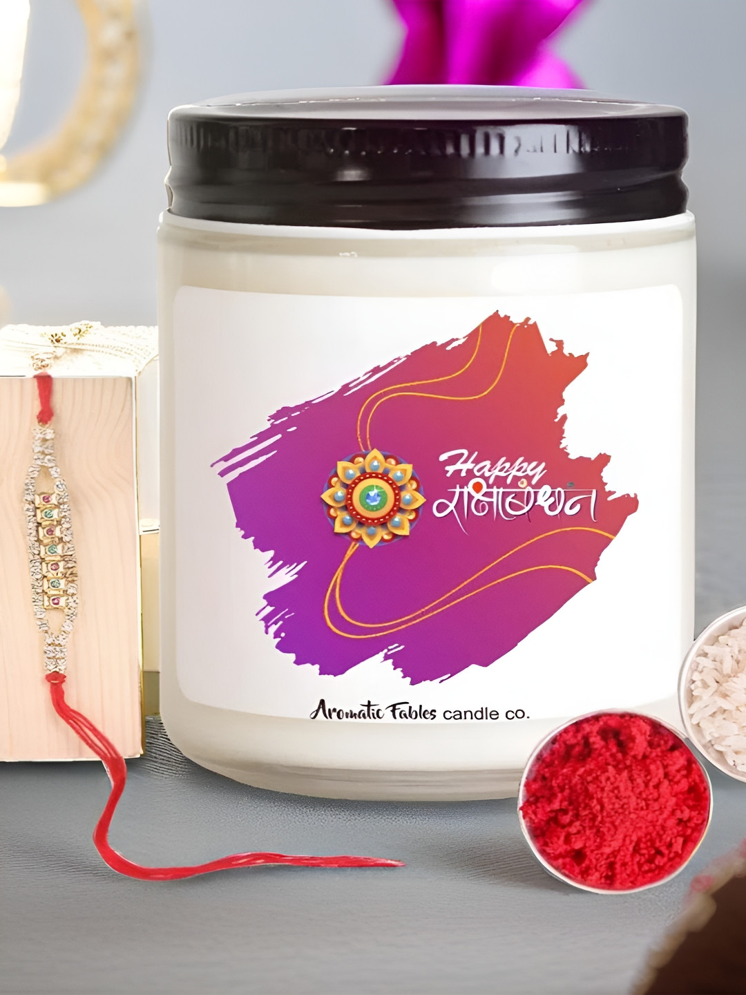 Aromatic Fables Set Of 2 Rakhi With Mogra Bliss Scented Candle & Roli Chawal
