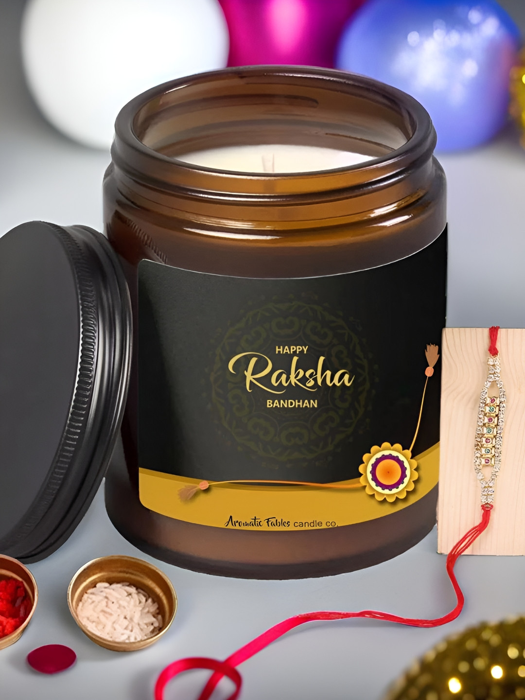 Aromatic Fables Set Of 2  Rakhi With  Citrus Infused Scented Candle & Roli Chawal