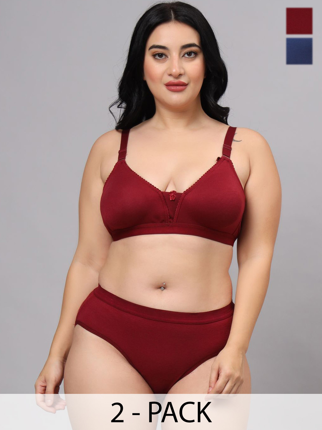 ESOROUCHA Pack Of 2 High-Rise Non-Padded Lingerie Set SetAliyaMaroonBlue-30B