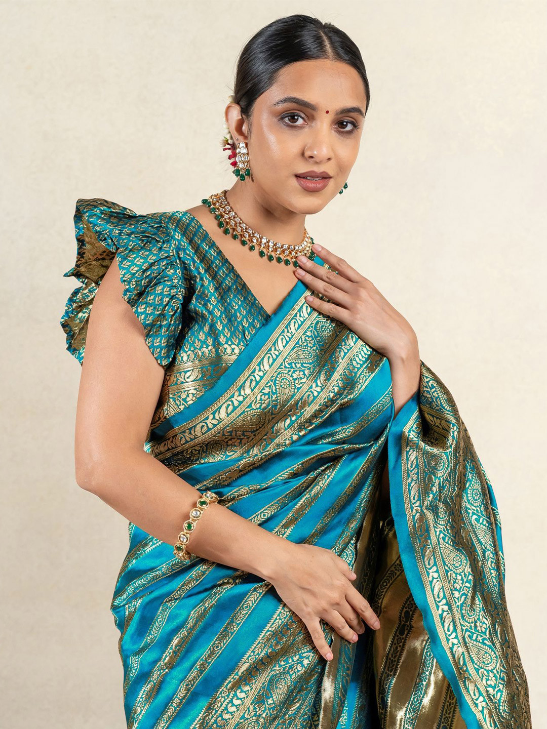 Subham Ethnic Motif Zari Woven Striped Saree with Blouse