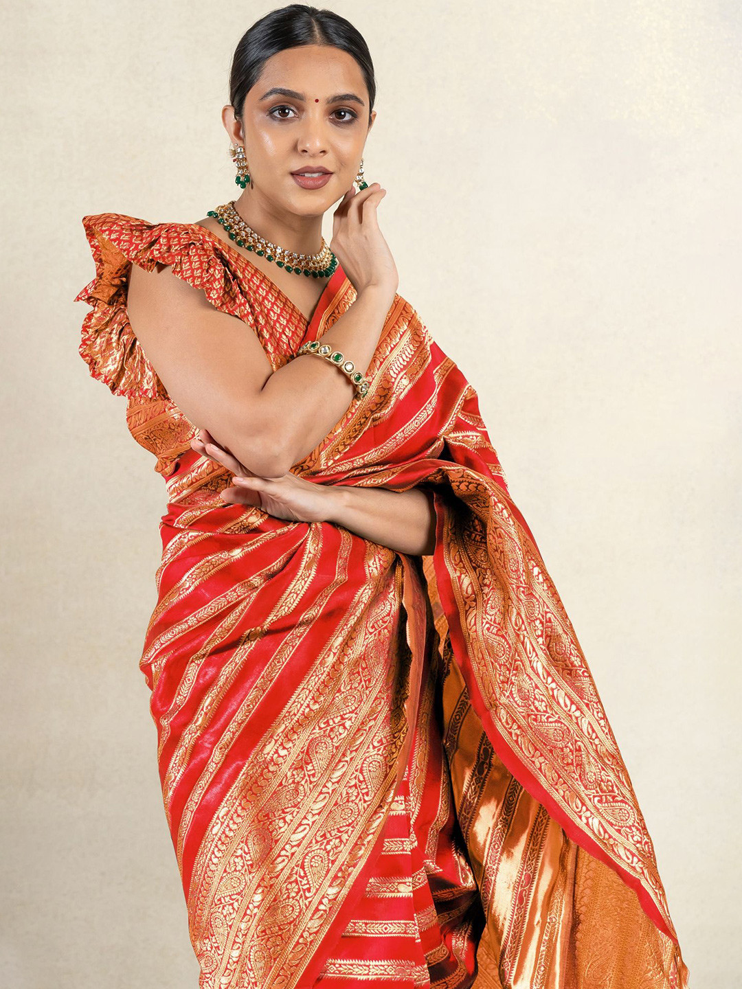 Subham Ethnic Motif Zari Woven Striped Saree with Blouse