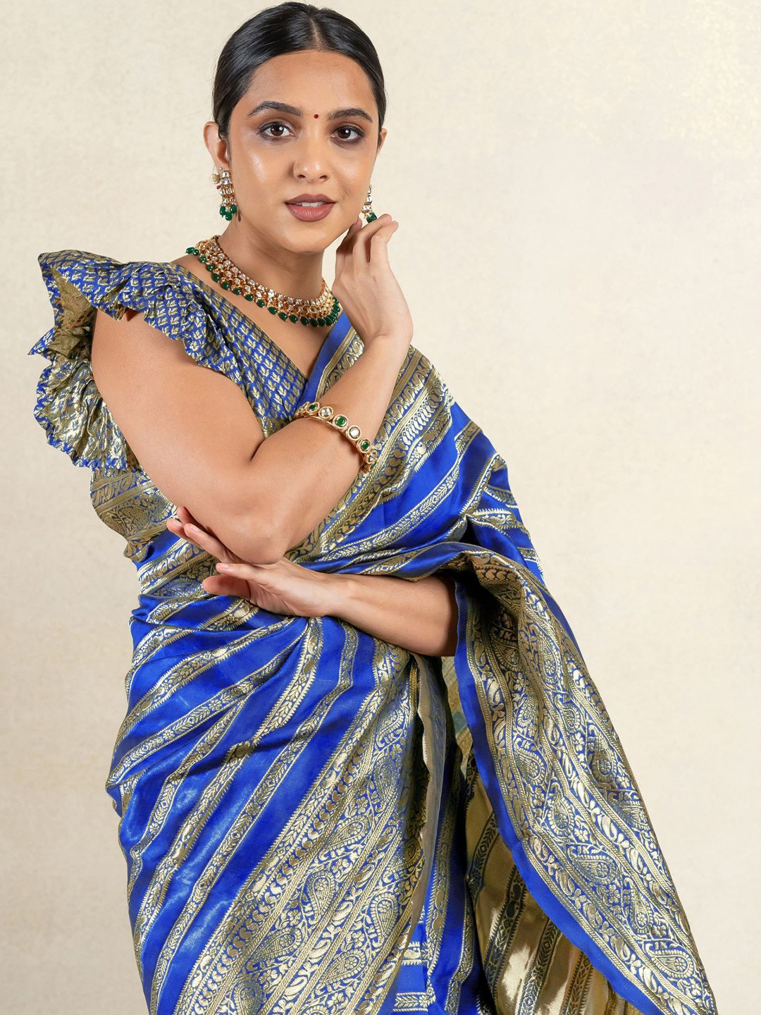 Subham Ethnic Motif Zari Woven Striped Saree with Blouse