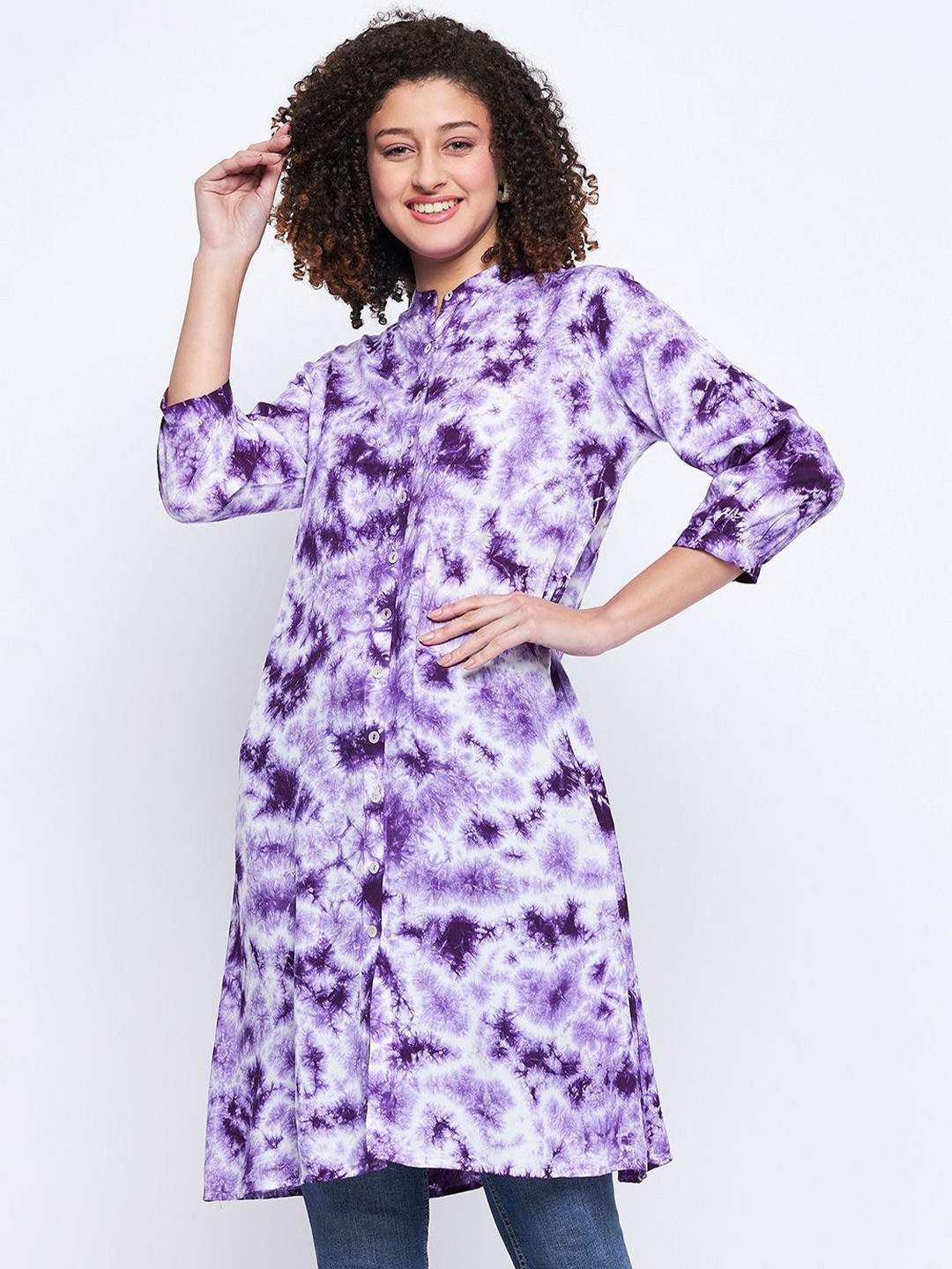 Ruhaans Womens Rayon Tie & Dye Mandarin Collar Printed  Purple Tunic
