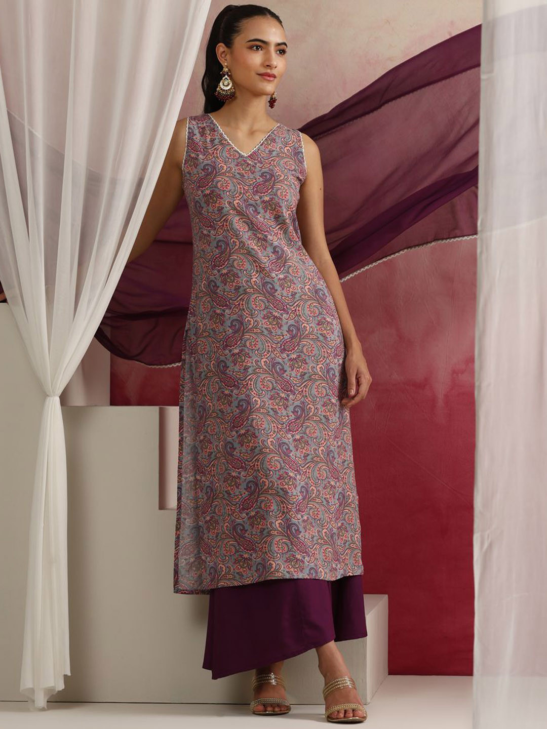 Khushal K Paisley Printed Sleeveless Straight Kurta with Palazzos & Dupatta