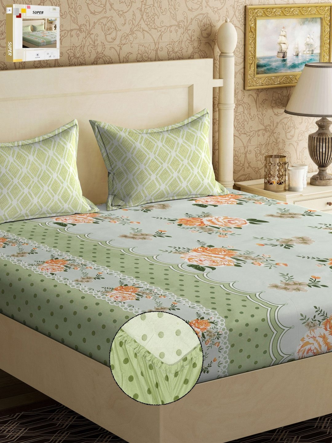 KLOTTHE Green & Orange Printed 300TC Double King Bedsheet & Pillow Covers