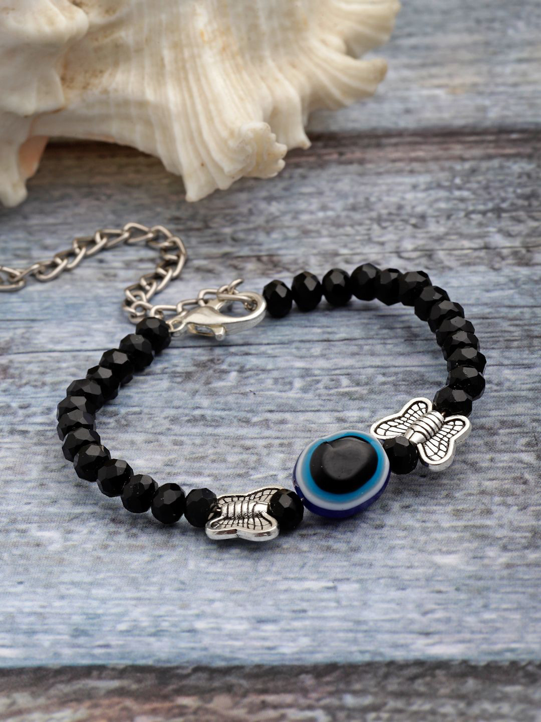 Sanjog Unisex German Silver Crystals Beaded Silver-Plated Charm Bracelet