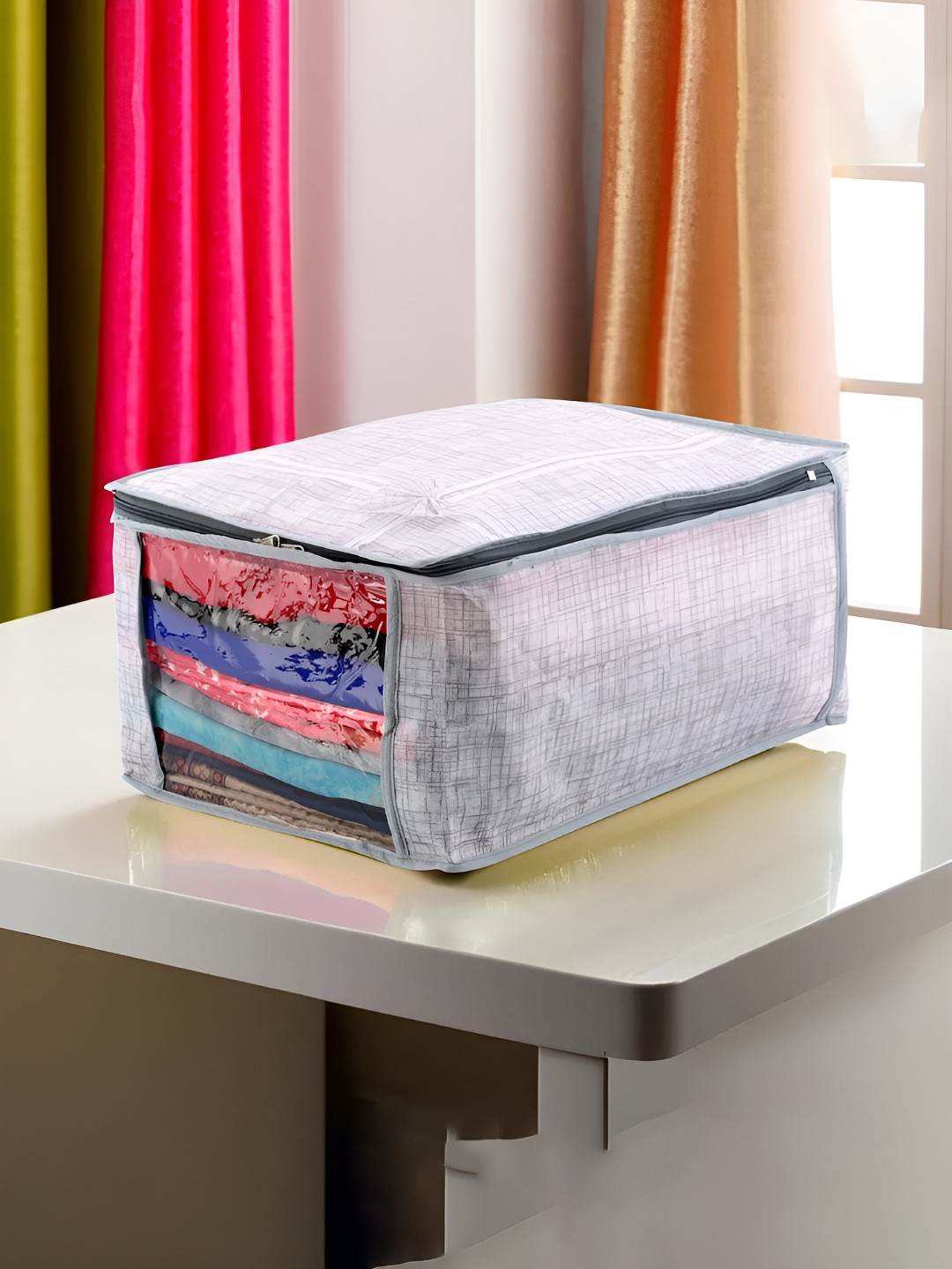 Kuber Industries Grey & White 3 Pieces Regular Saree Organisers