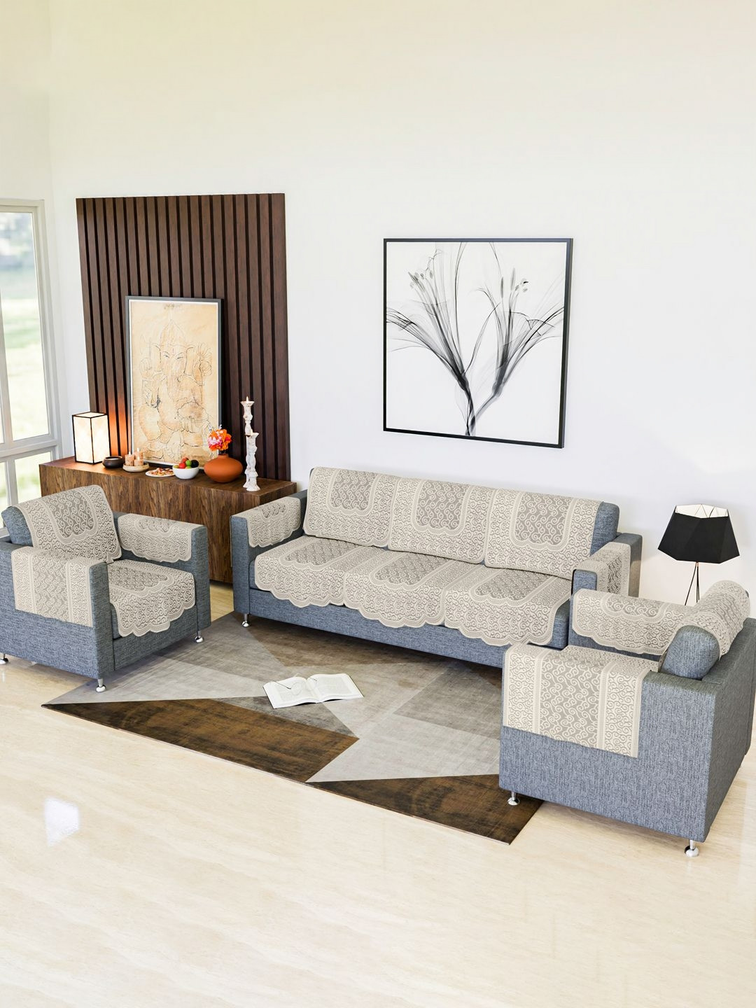 Kuber Industries Cream 16 Pieces Printed net Cotton 5 Seater Sofa Cover for hall With Arms