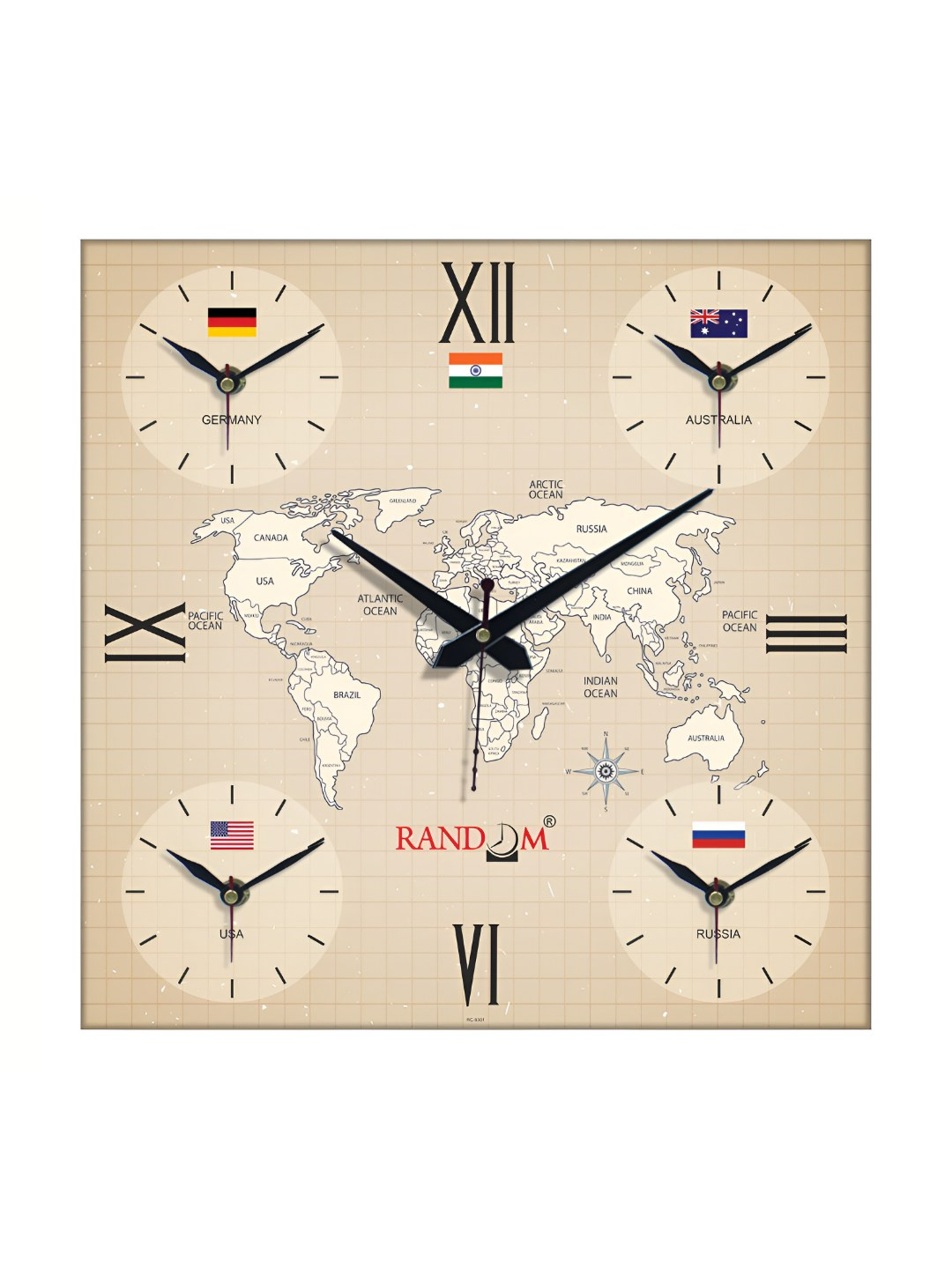 RANDOM Different Time Zones Plastic Silent Clock Square Battery Analogue Wall Clock-36.8cm