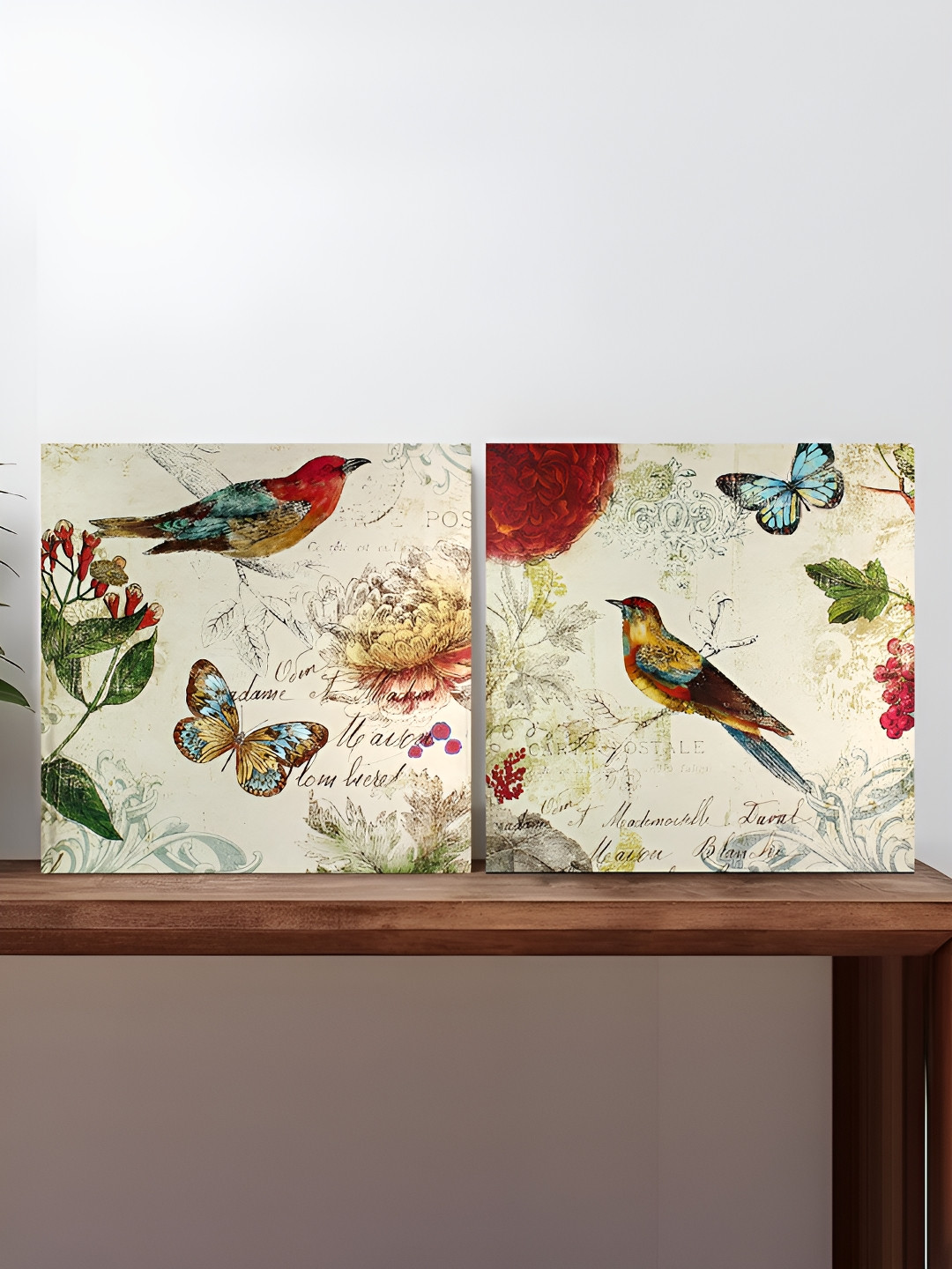 Art Street Bird and Butterfly Canvas 2 Piece Wall Square Paintings Wall Art -12 x 12 In