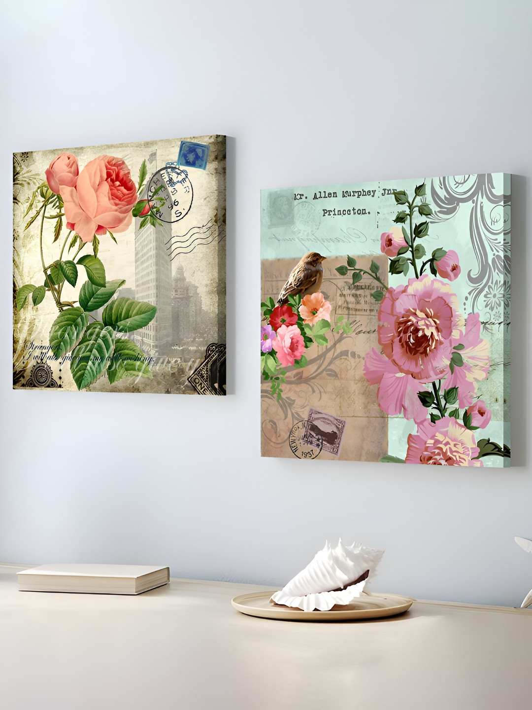 Art Street Birds Stretched Canvas 2 Pcs Wall Square Paintings Wall Art - 12 x 12In