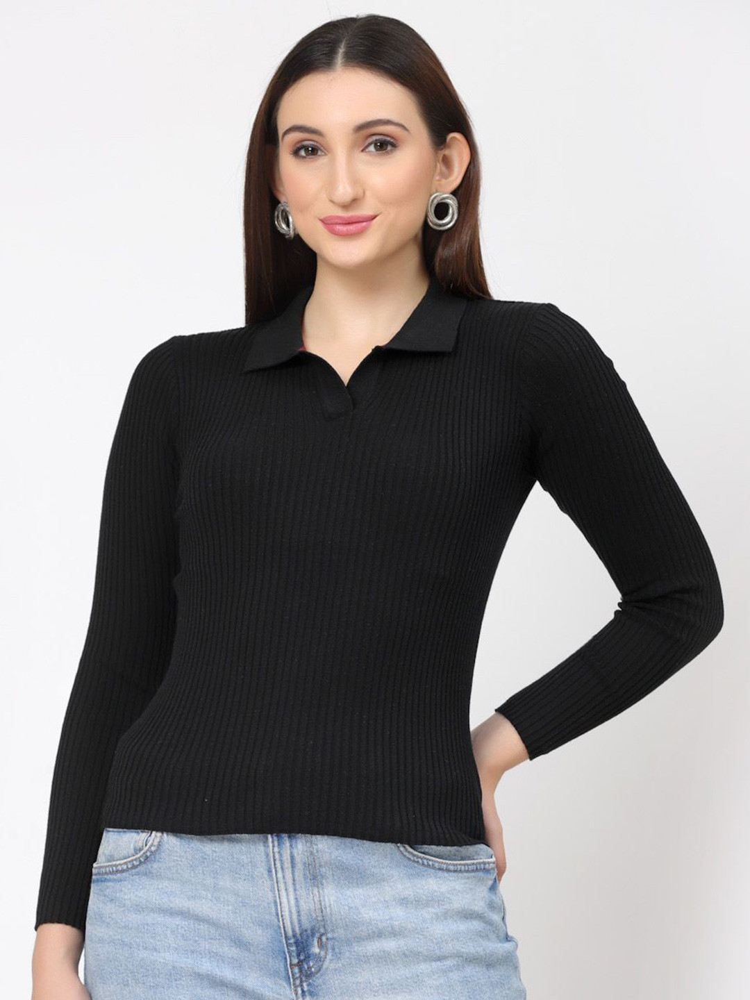 Kalt Women Black Cotton Shirt Collar Long Sleeves Shirt Style Top