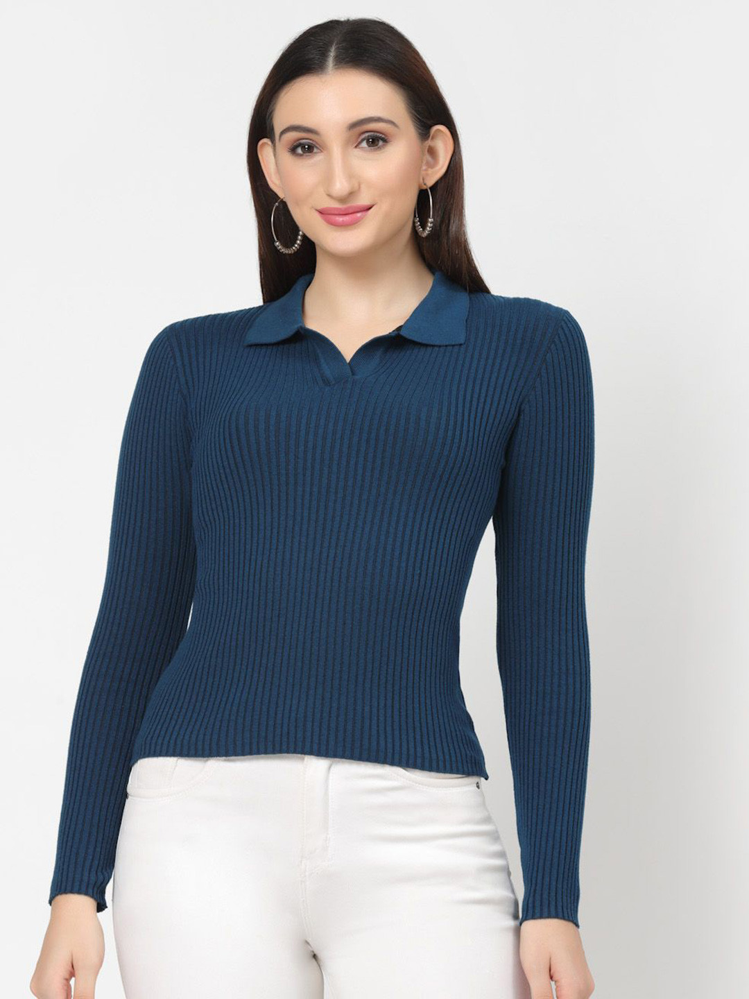 Kalt Women Full Sleeves Shirt Collar Ribbed Knitted Fitted Cotton Top