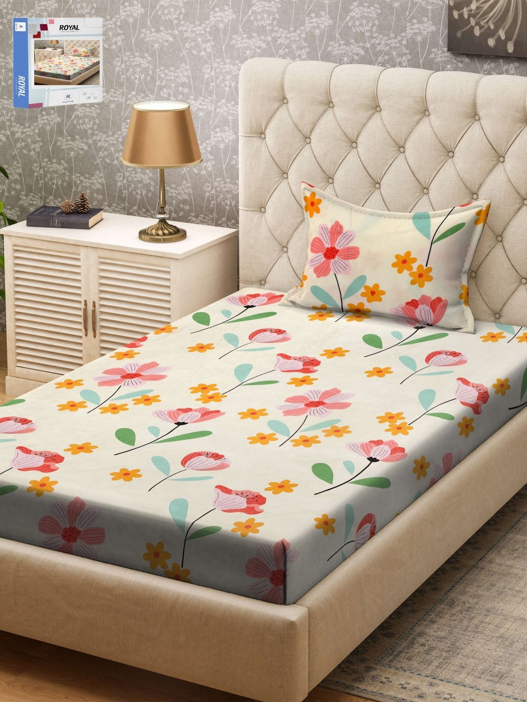 KLOTTHE Cream-Colored & Pink Floral Printed 300TC Single Bedsheet & Pillow Covers