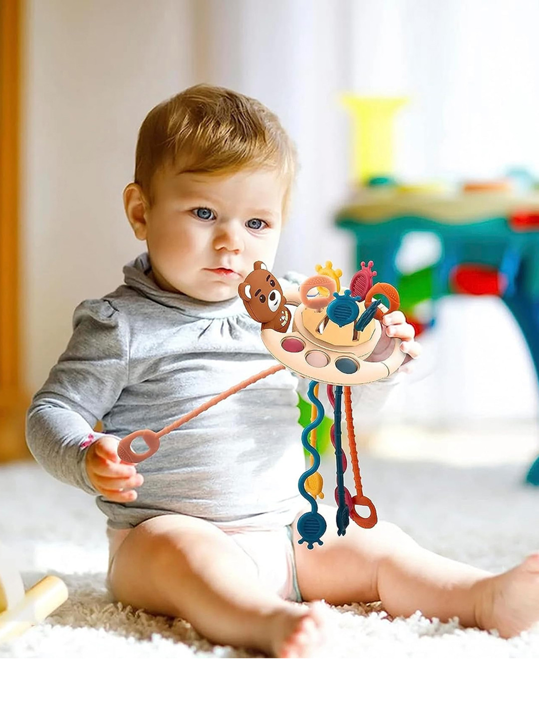 Kidology Babies Food Grade Silicone Pull String Teething Bear Toy