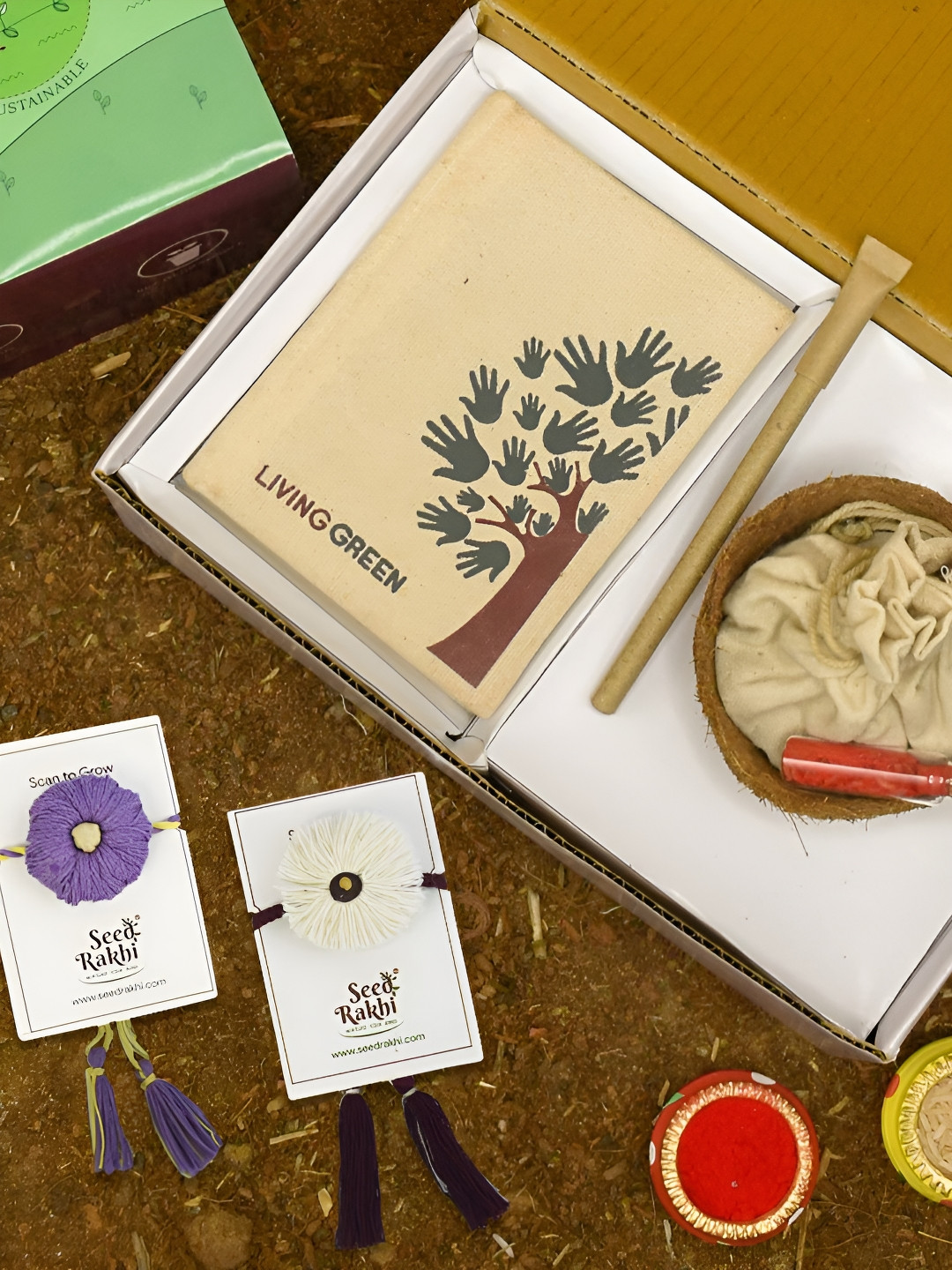 Indigifts Set Of 4 Plantable Seed Rakhi With Planter Diary & Pen