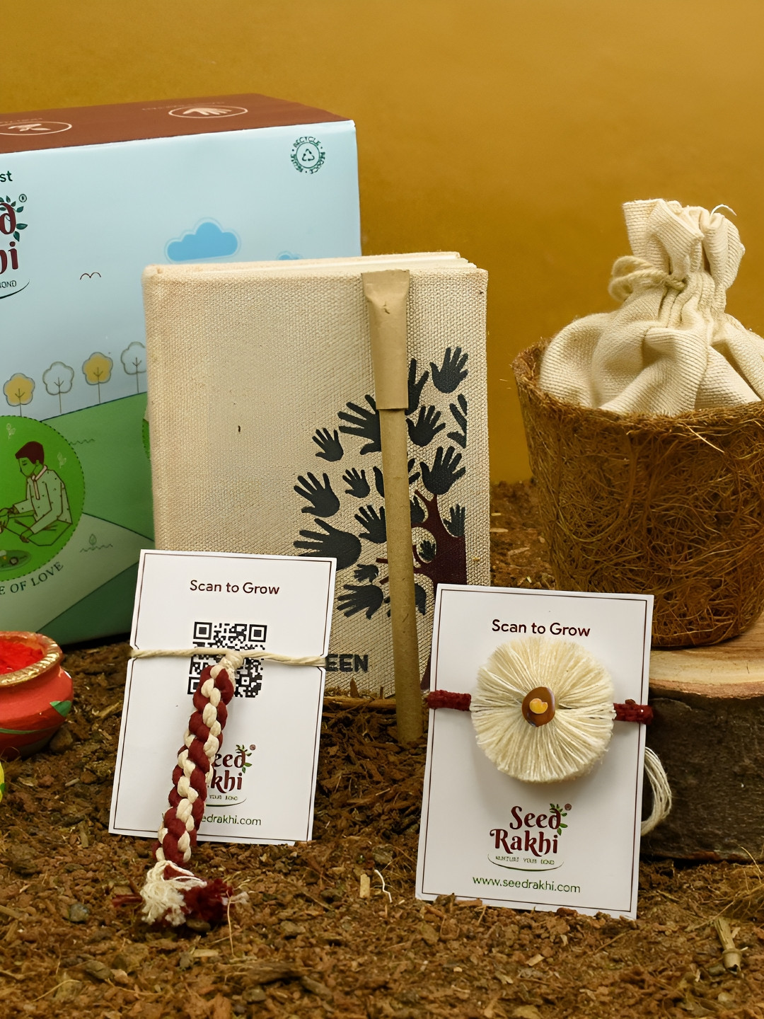 Indigifts Set Of 2 Seed Plantable Rakhi With Planter & Diary Pen