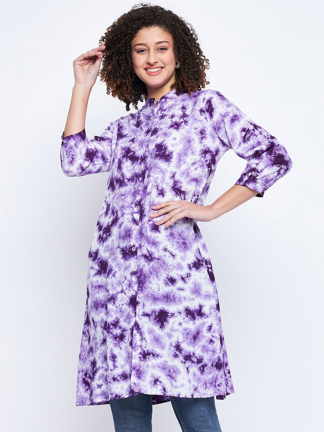 BAESD Womens Rayon Tie & Dye Mandarin Collar Printed Purple Tunic