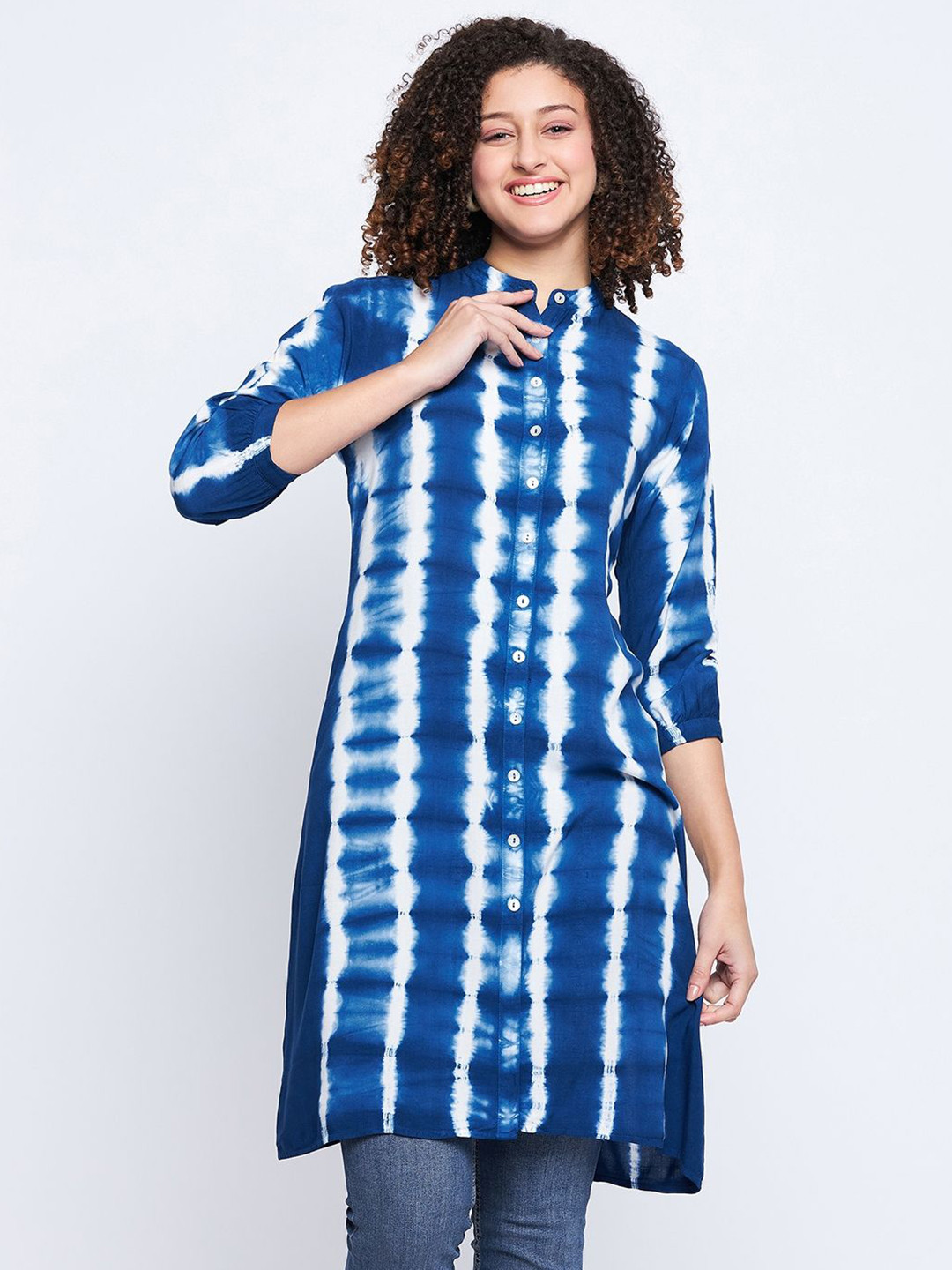 BAESD Womens Rayon Tie & Dye Mandarin Collar Printed Blue Tunic