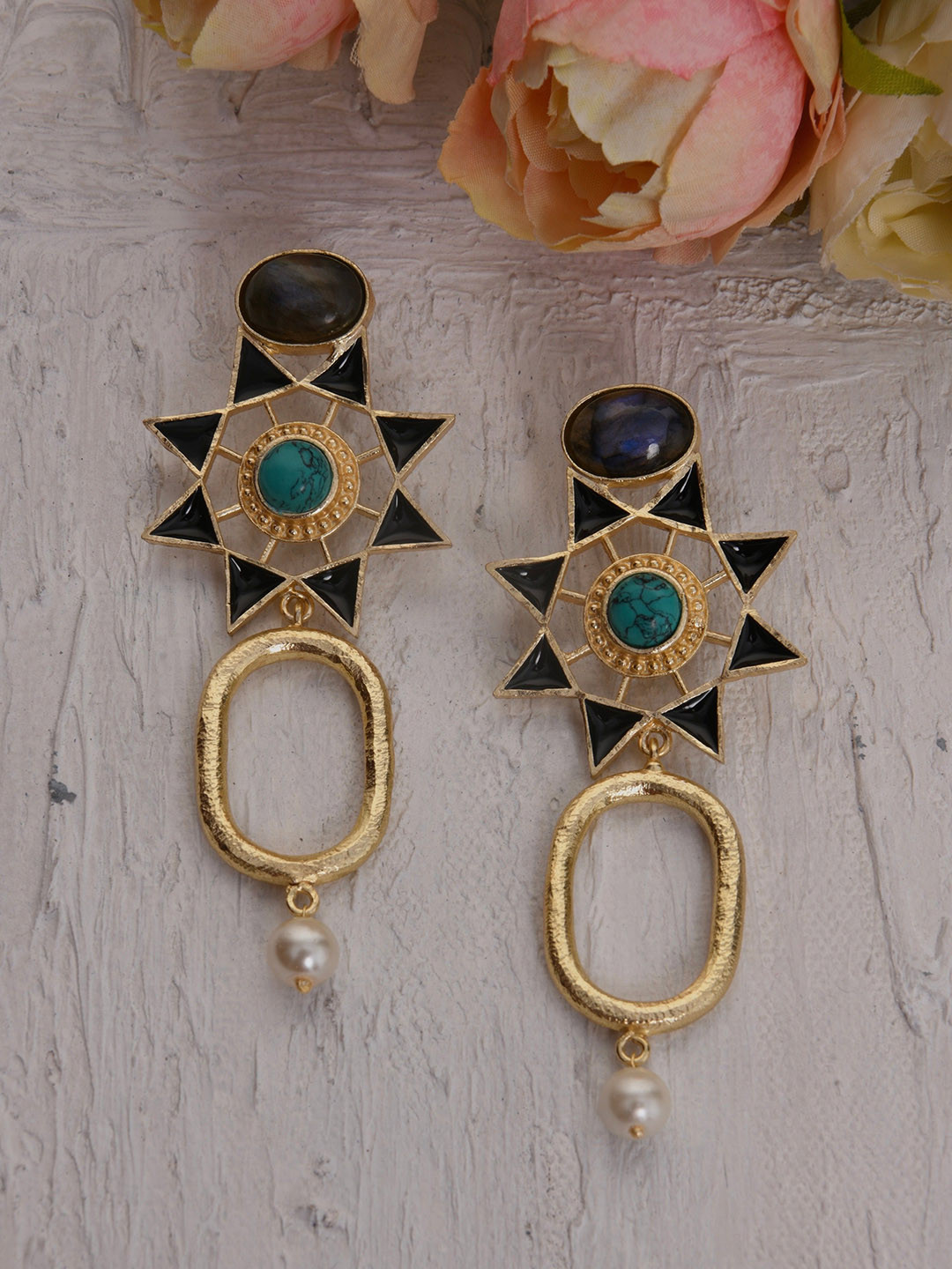 TOTAPARI Gold-Plated Turquoise Pearl Danglers Earrings