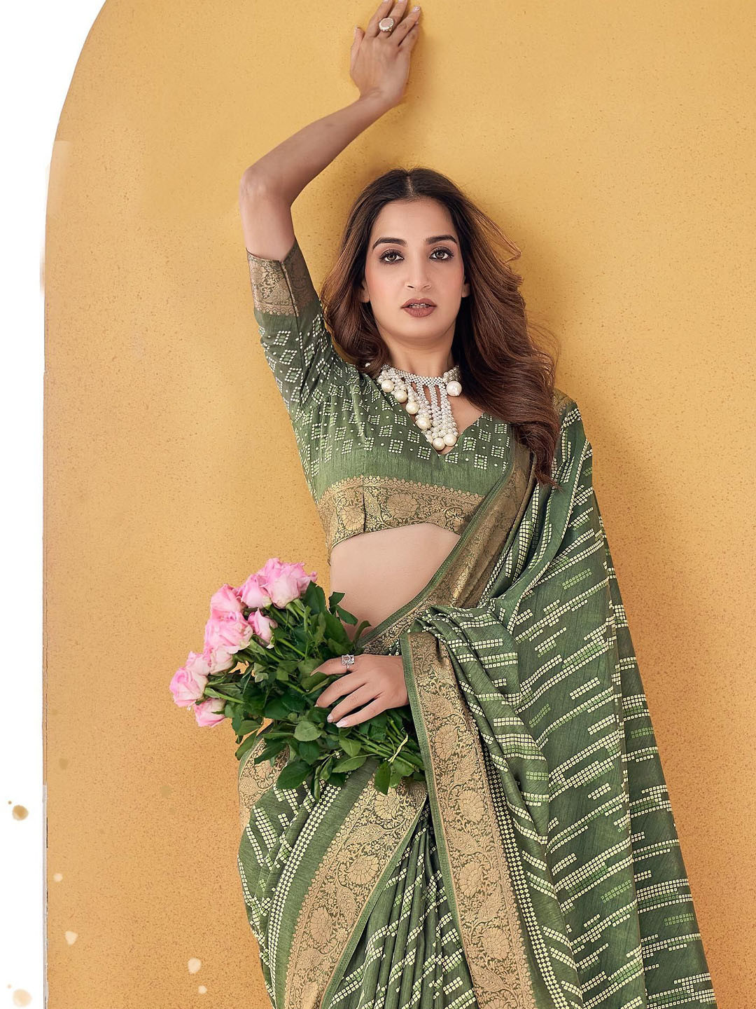 Mitera Ethnic Motif Zari Woven Bandhni Printed Saree
