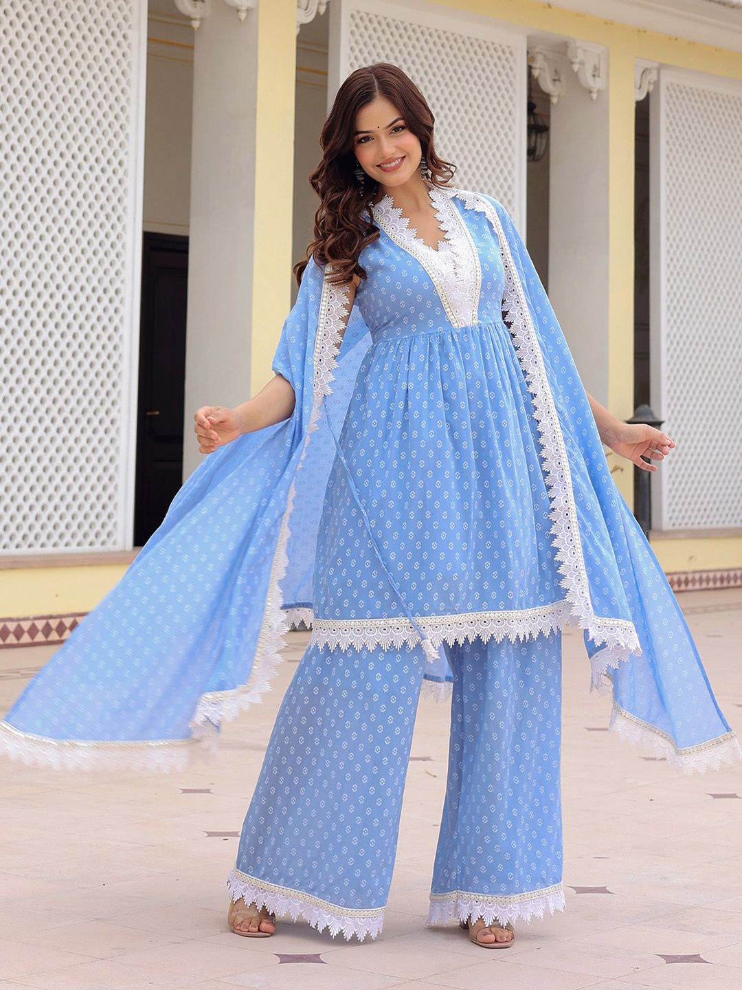 Anouk Geometric Printed Pure Cotton A Line Kurta With Palazzos & Dupatta - Kurta Sets for Women 30149115 | Myntra
