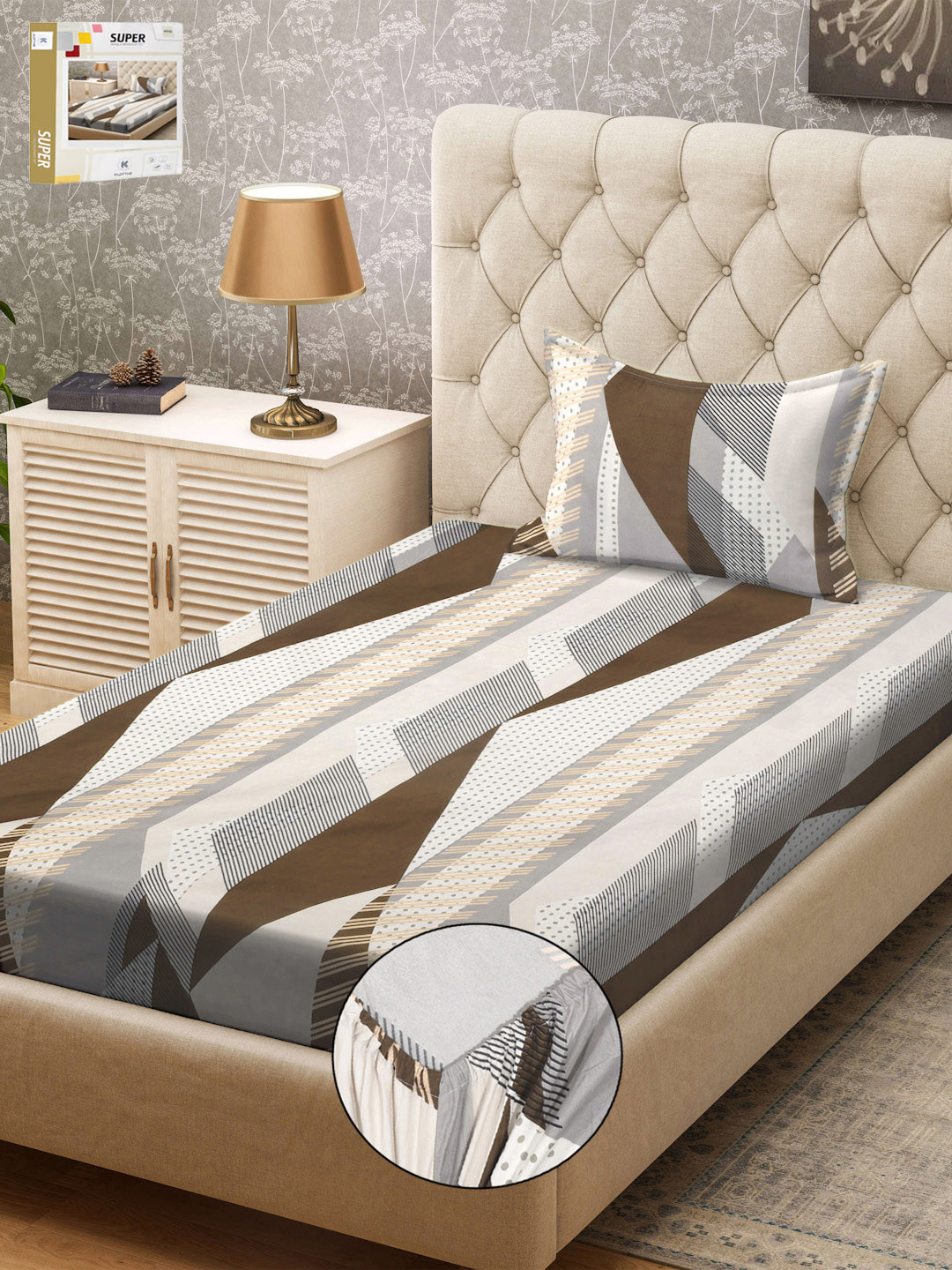 KLOTTHE Book Fold Grey Geometric Cotton 300 TC Fitted Single Fine Bedsheet with a Pillow Cover-89 x 59 inches
