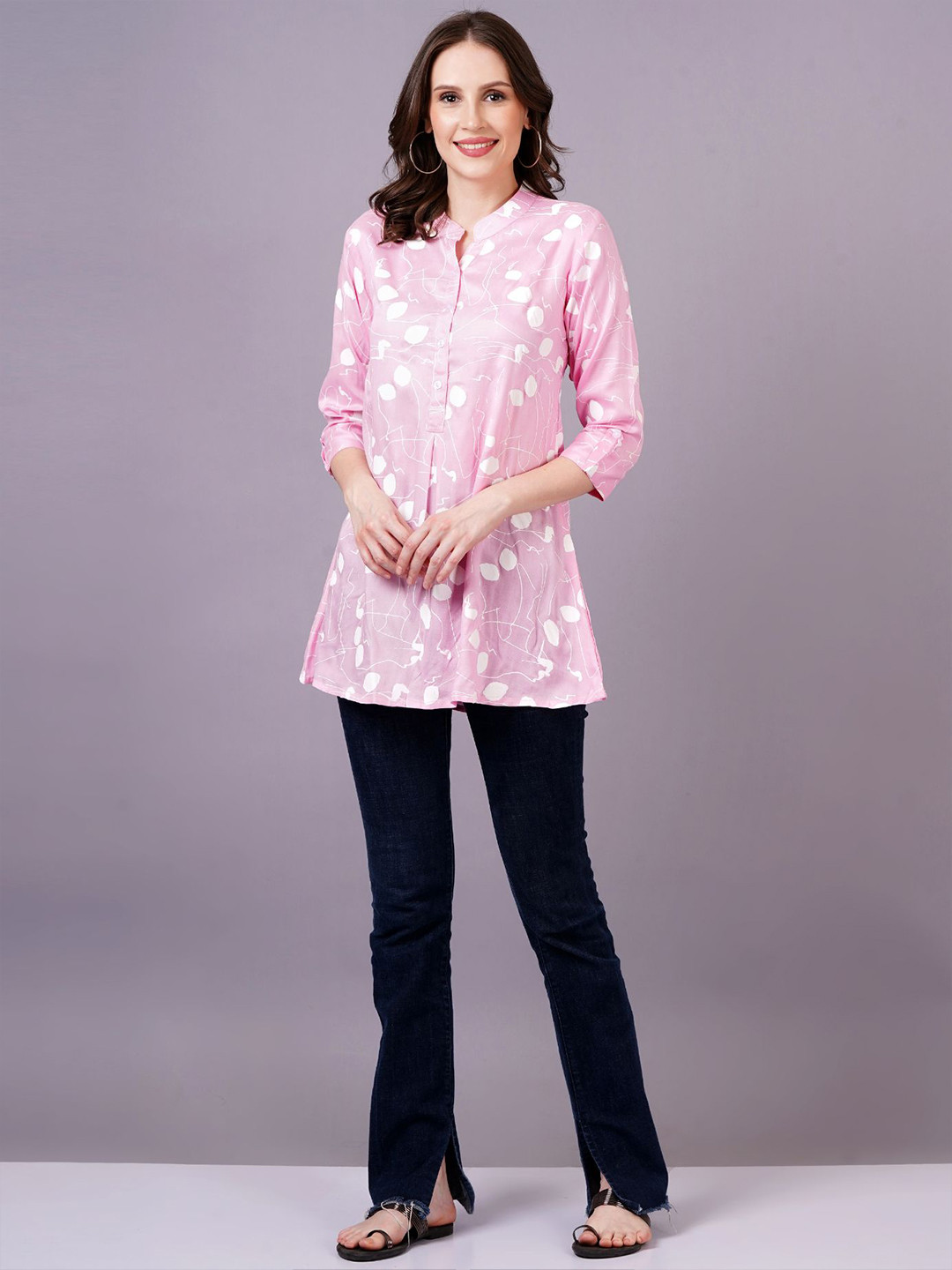 HIGHLIGHT FASHION EXPORT Women Pink Floral Print Mandarin Collar Shirt Style Top