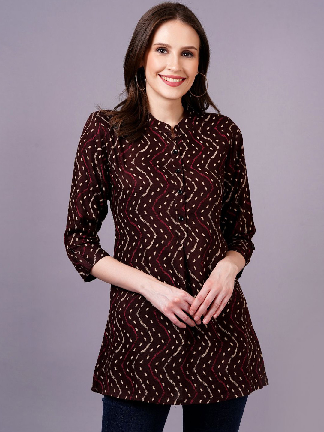 HIGHLIGHT FASHION EXPORT Animal Print Mandarin Collar Roll-Up Sleeves Longline Top