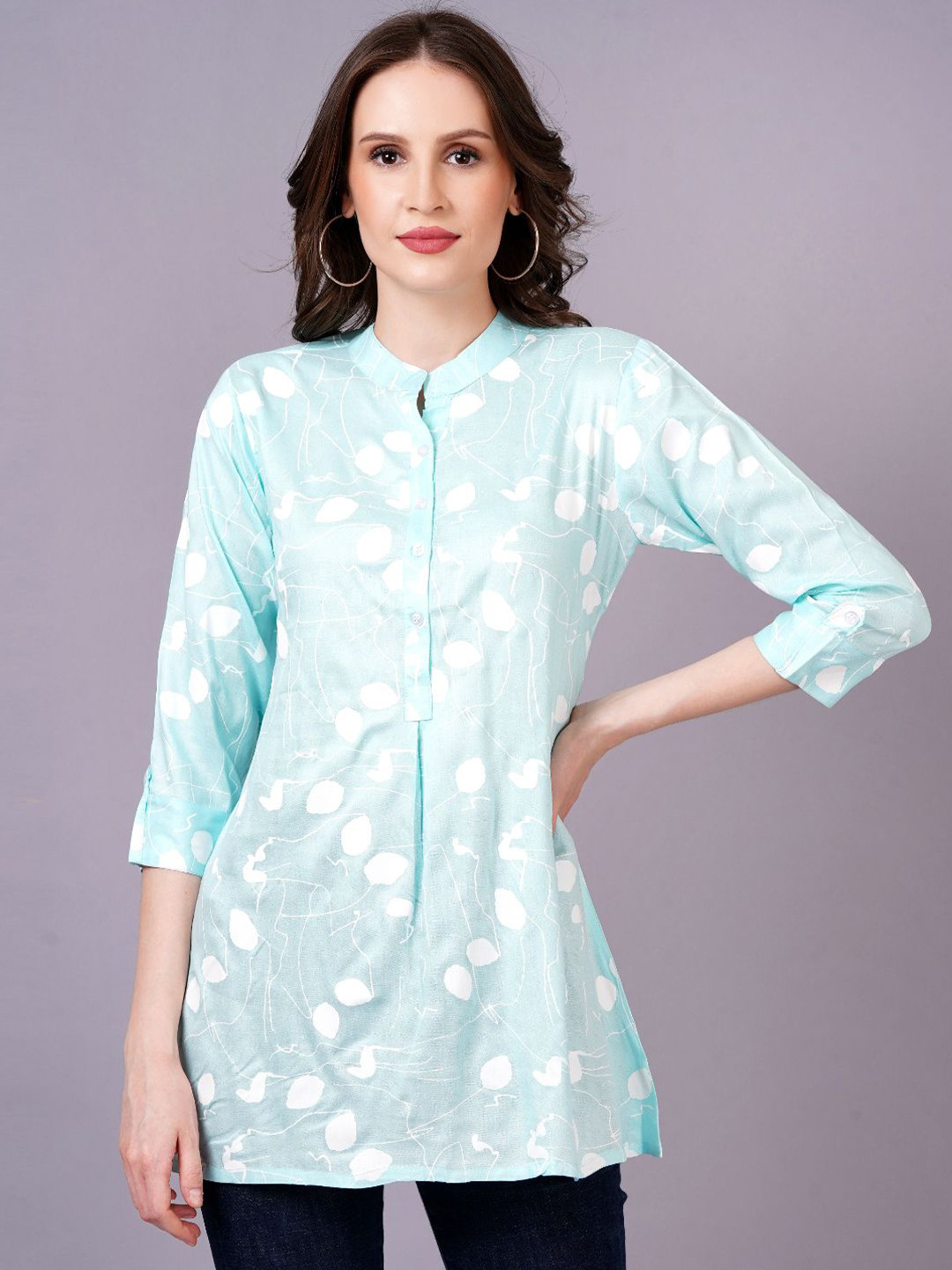 HIGHLIGHT FASHION EXPORT Women Blue Floral Print Mandarin Collar Shirt Style Longline Top