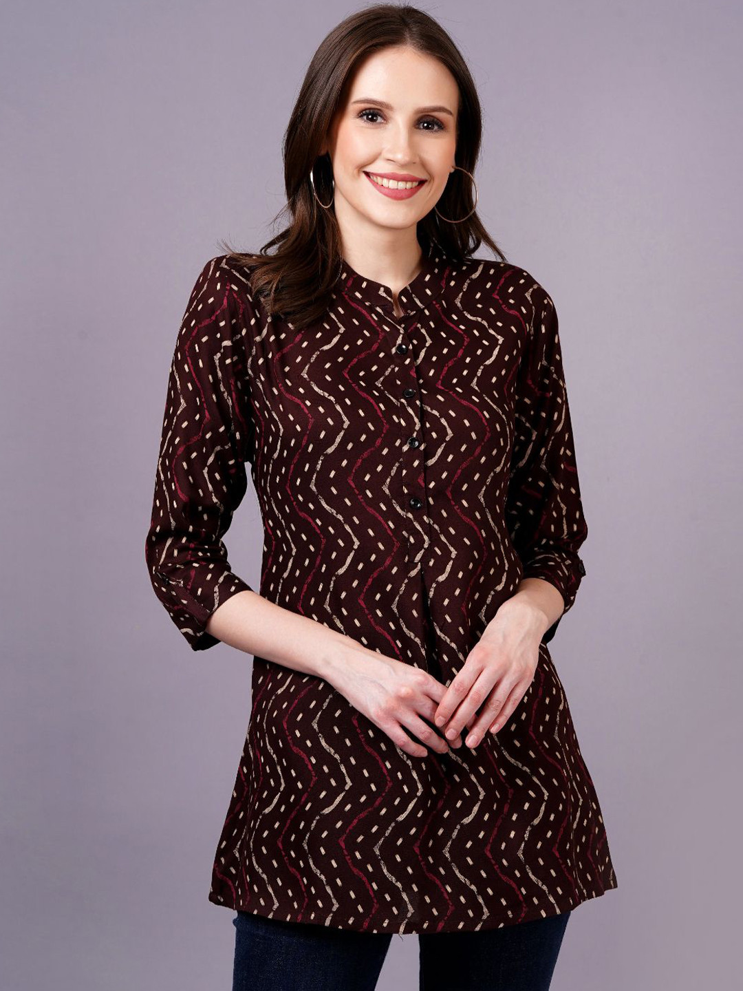 JC4U Women Printes Mandarin Collar Roll-Up Sleeves Longline Top