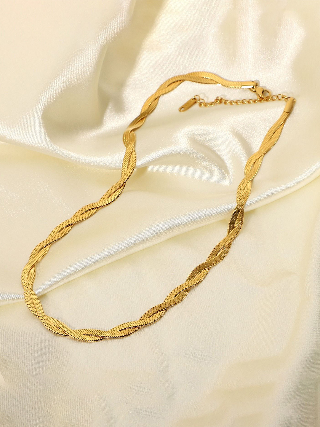 VIEN Gold-Plated Stainless Steel Twisted Herringbone Flat Snake Necklace