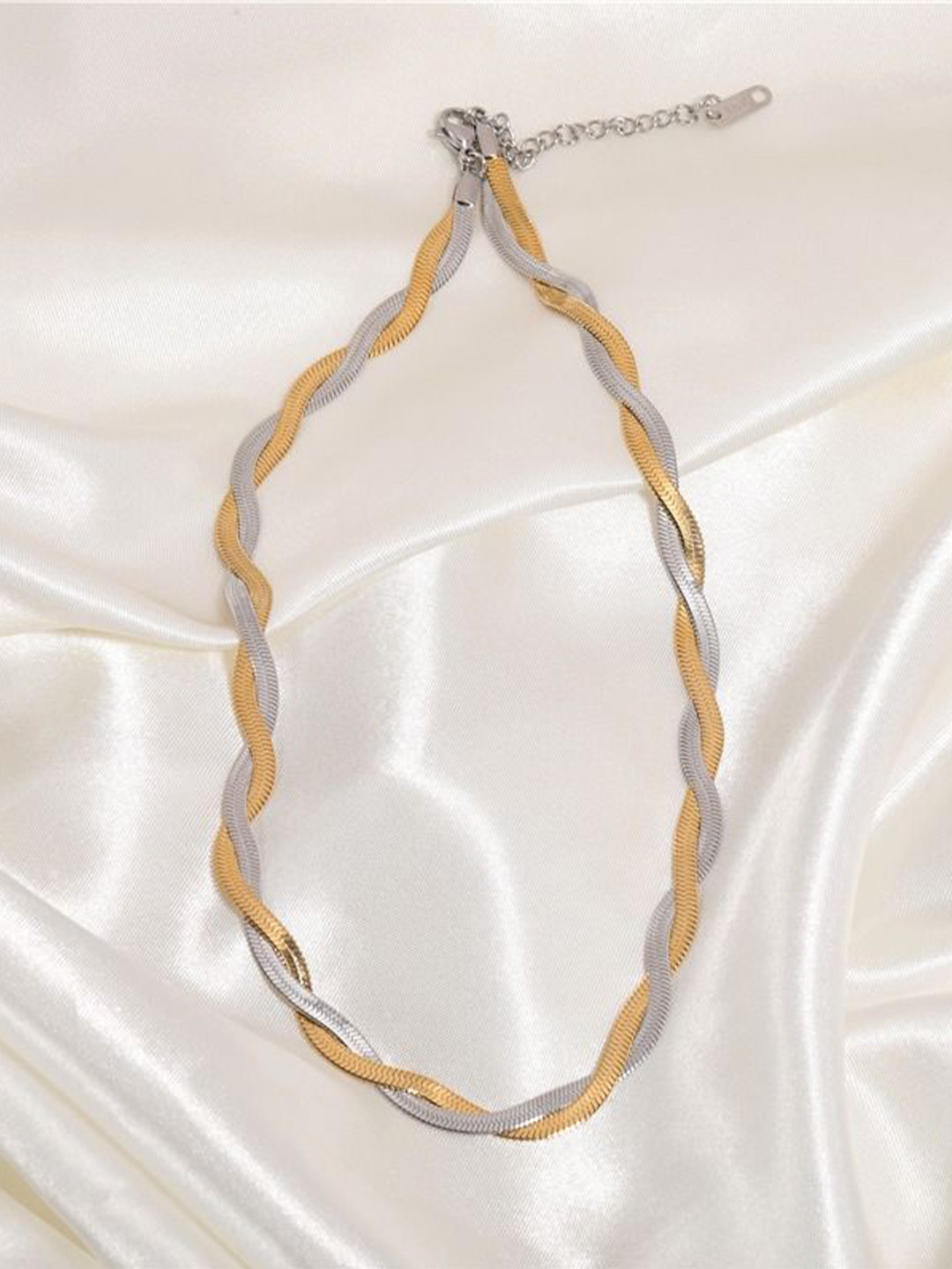 VIEN Gold-Plated Stainless Steel Twisted Herringbone Flat Snake Necklace