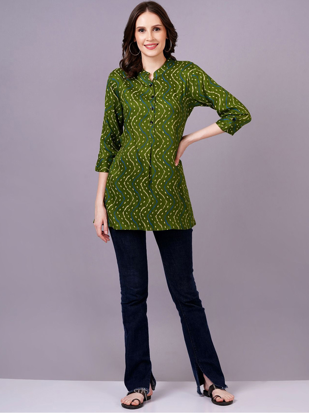 KALINI Women Green Animal Print Mandarin Collar Shirt Style Top