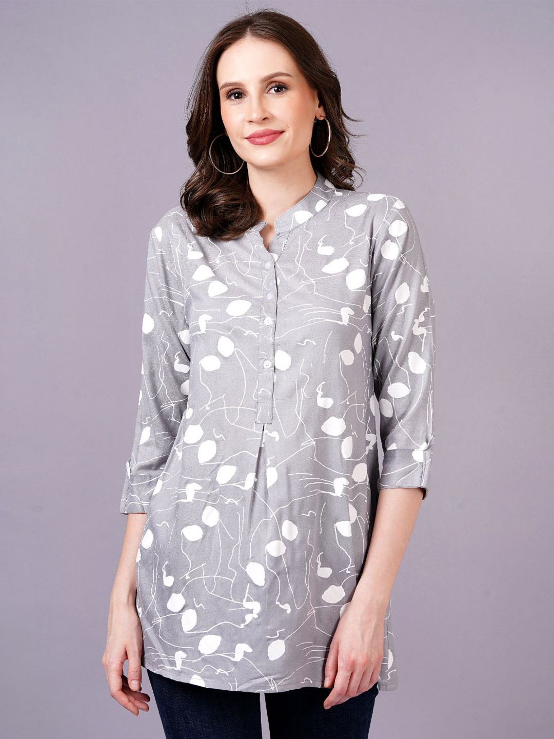 KALINI Women Printed Mandarin Collar Shirt Style Longline Top