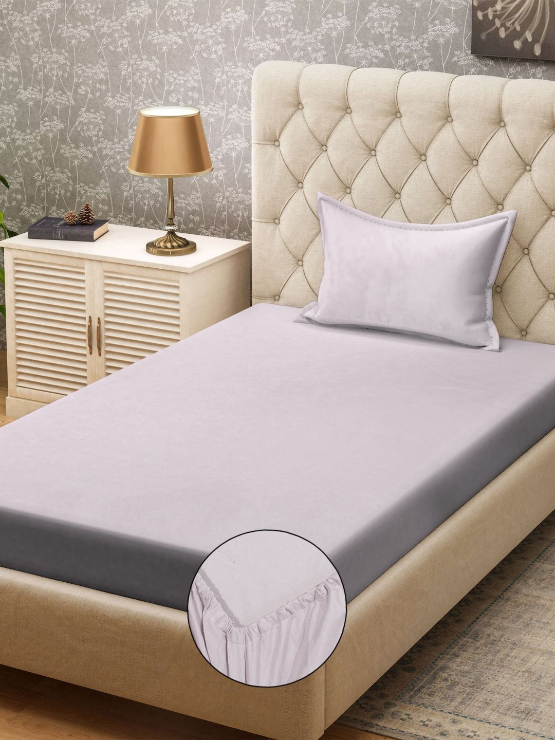 KLOTTHE Beige Fitted 300TC Single Bedsheet & 1Pillow Cover