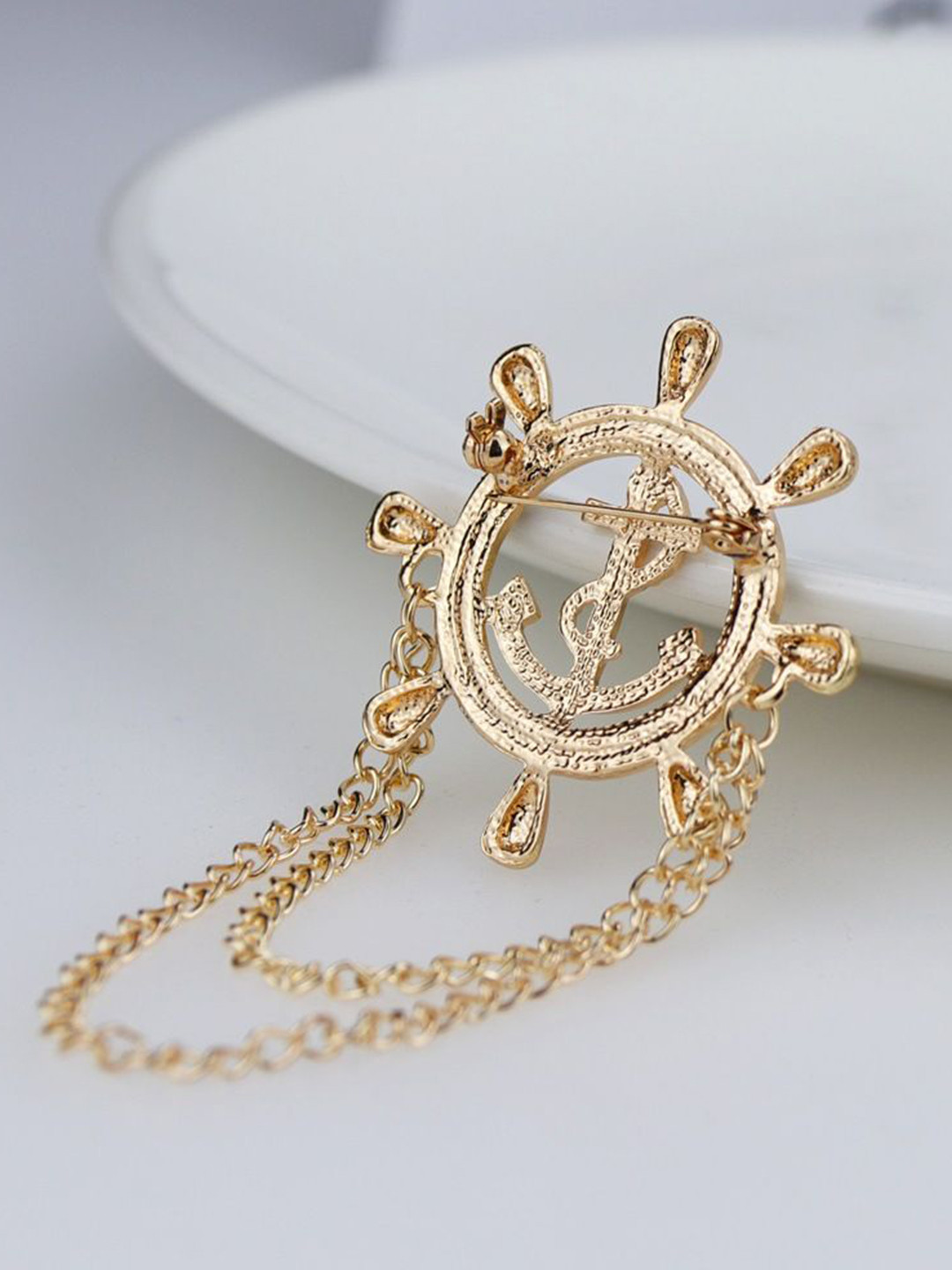 SYGA Men Stones Studded Rudder Tassel Brooch With Chain