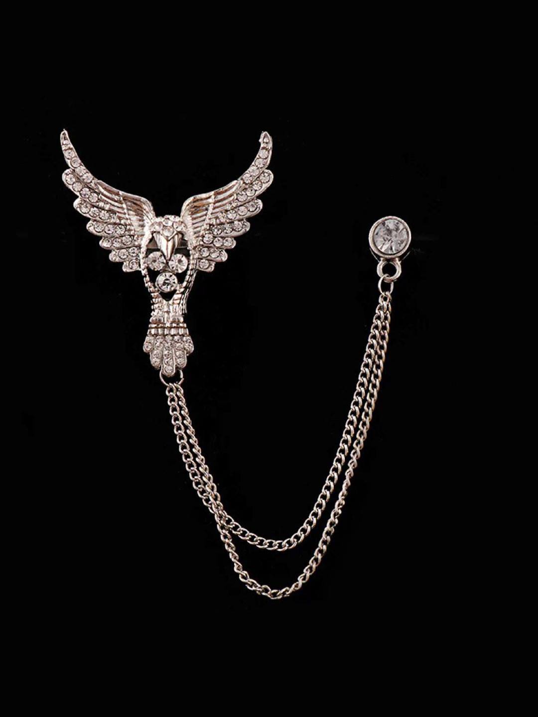 SYGA Men Silver-Plated Stone Studded Lapel Pin Chain Tassel Brooch