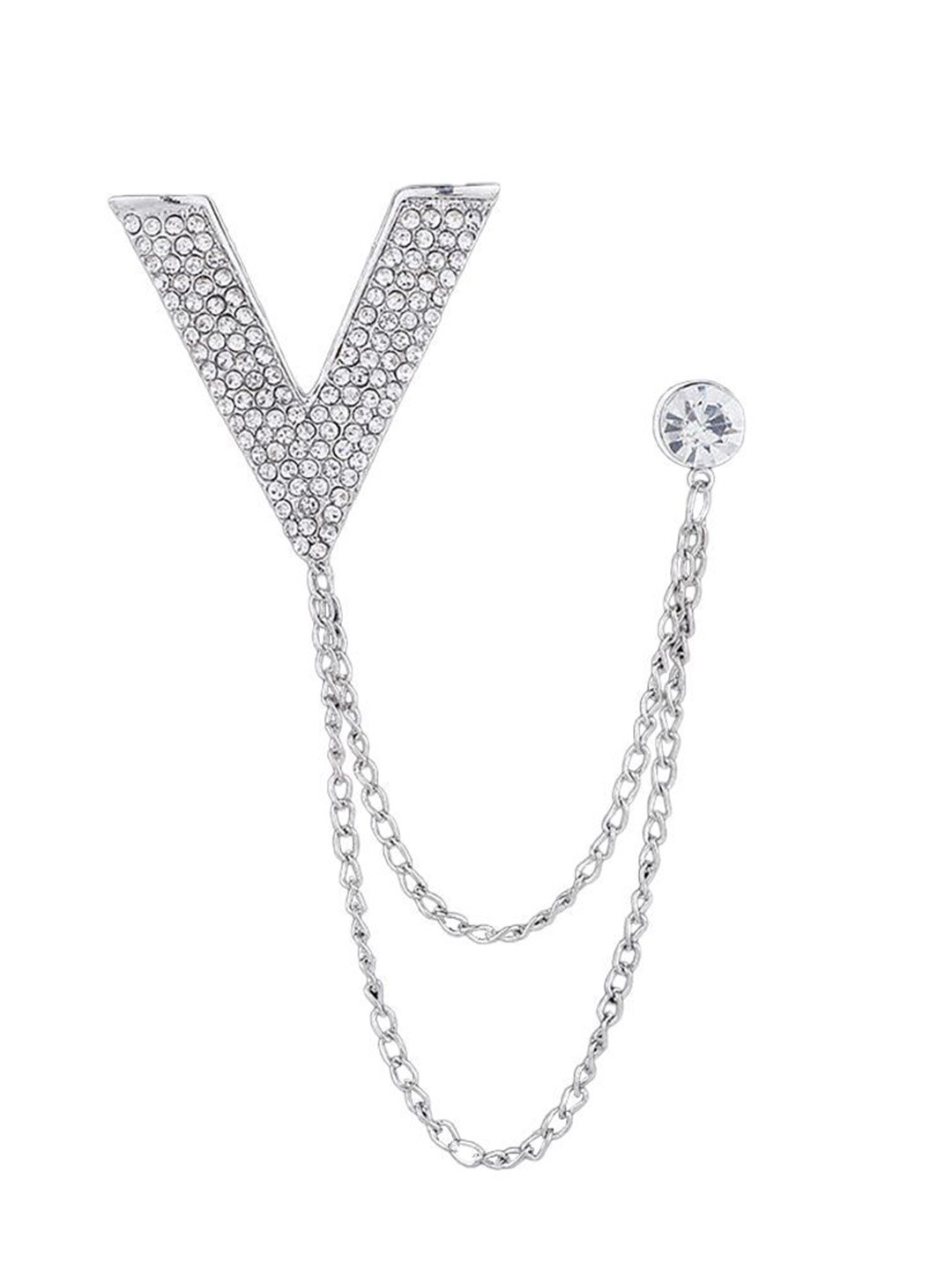 SYGA Men Stone Studded Stud Lapel Pin Chain Tassel Brooch