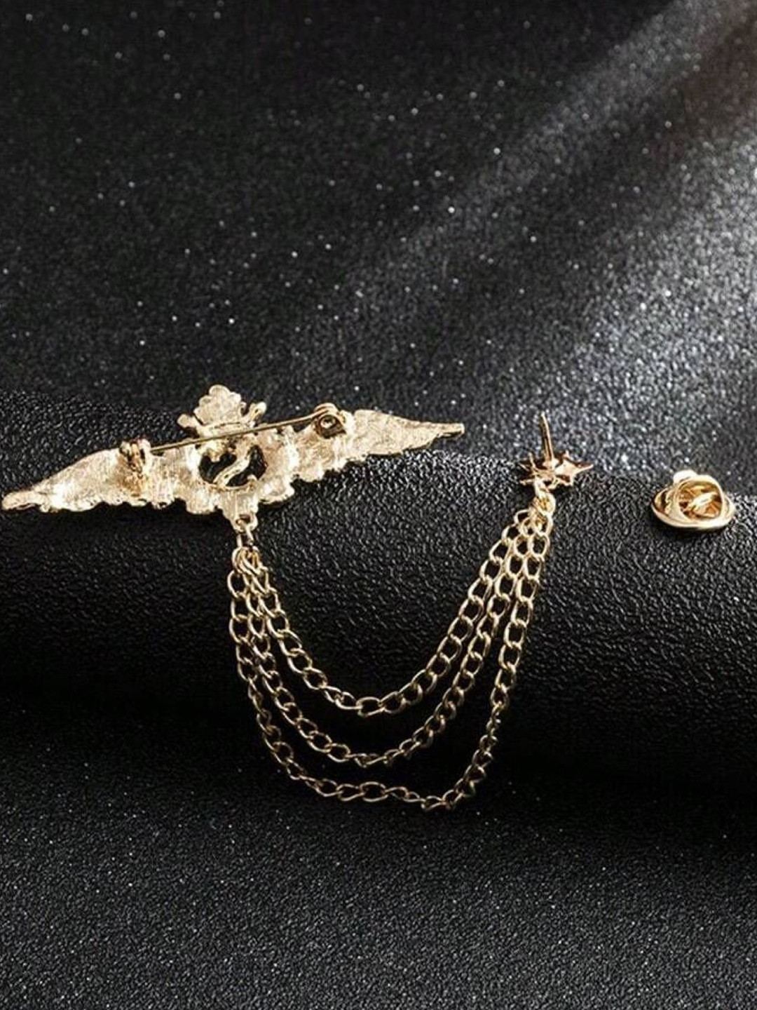 SYGA Men Stone Studded Lapel Pin Chain Tassel Brooch