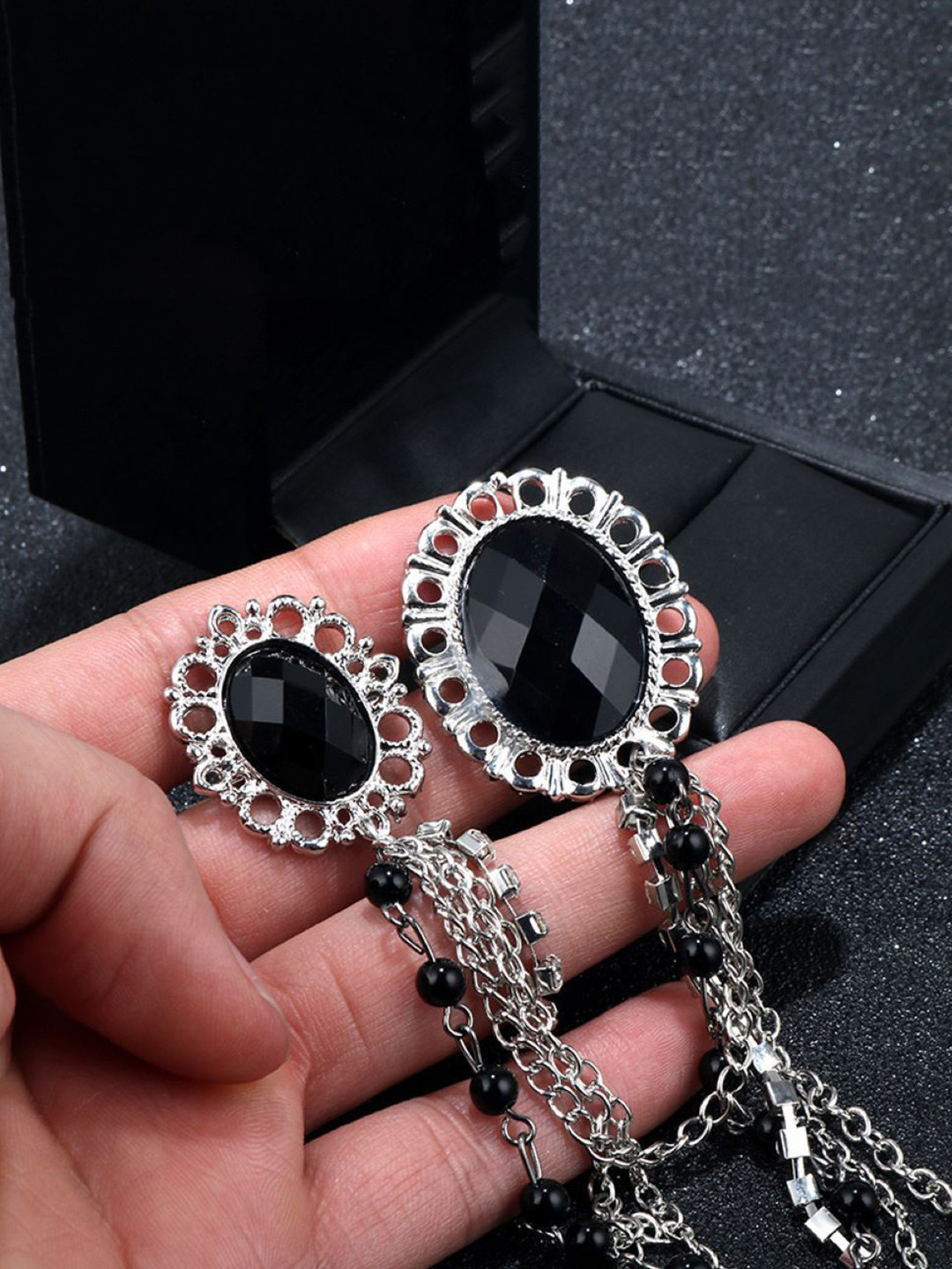 SYGA Men Stones Studded Oval Tassel Brooch With Chain
