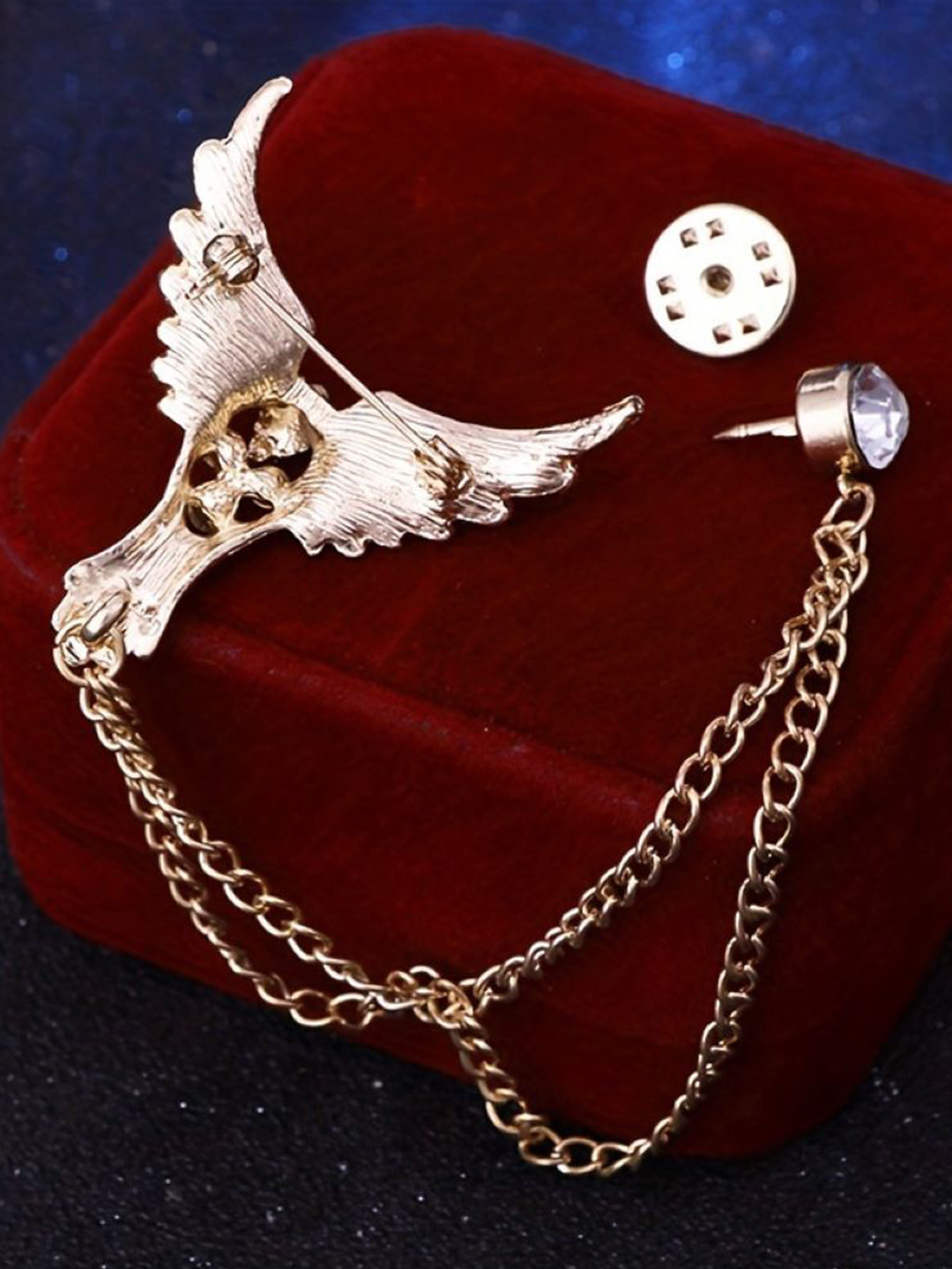 SYGA Men Stones Studded Eagle Tassel Brooch With Chain