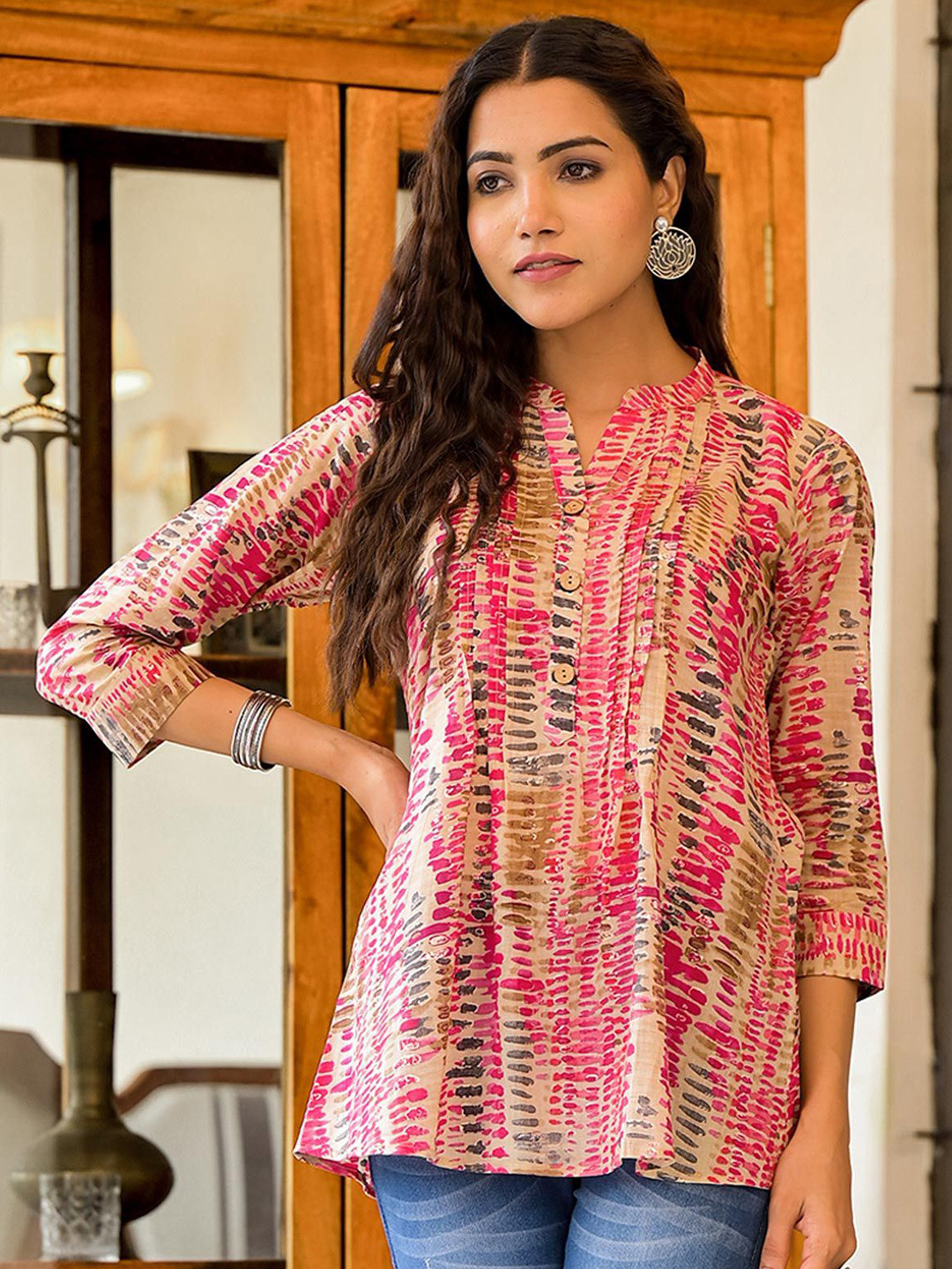 Peachmode Women Pink Print Mandarin Collar Cotton Top