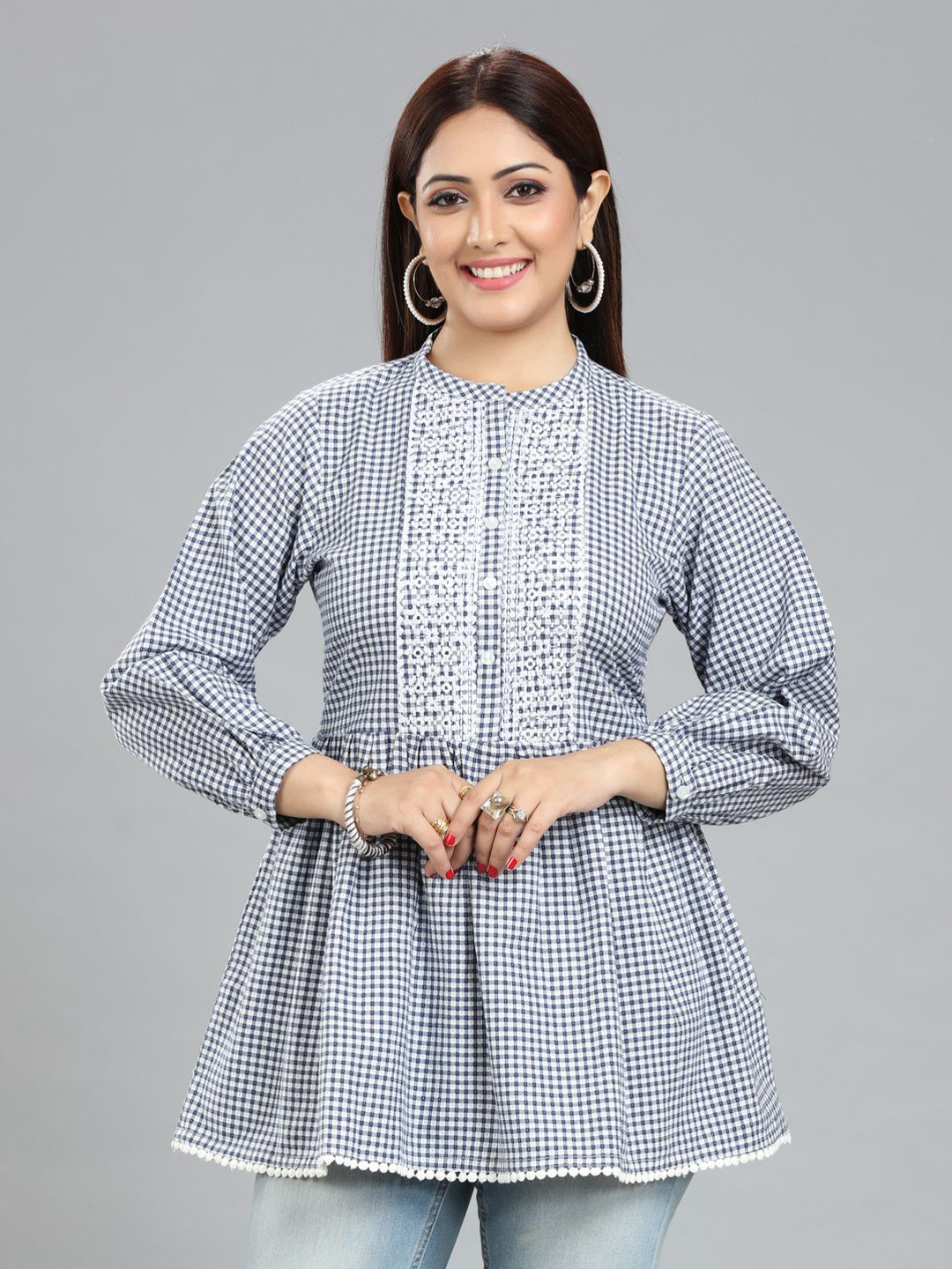COTTON CULTURE Checked Pure Cotton Puff Sleeves Kurti