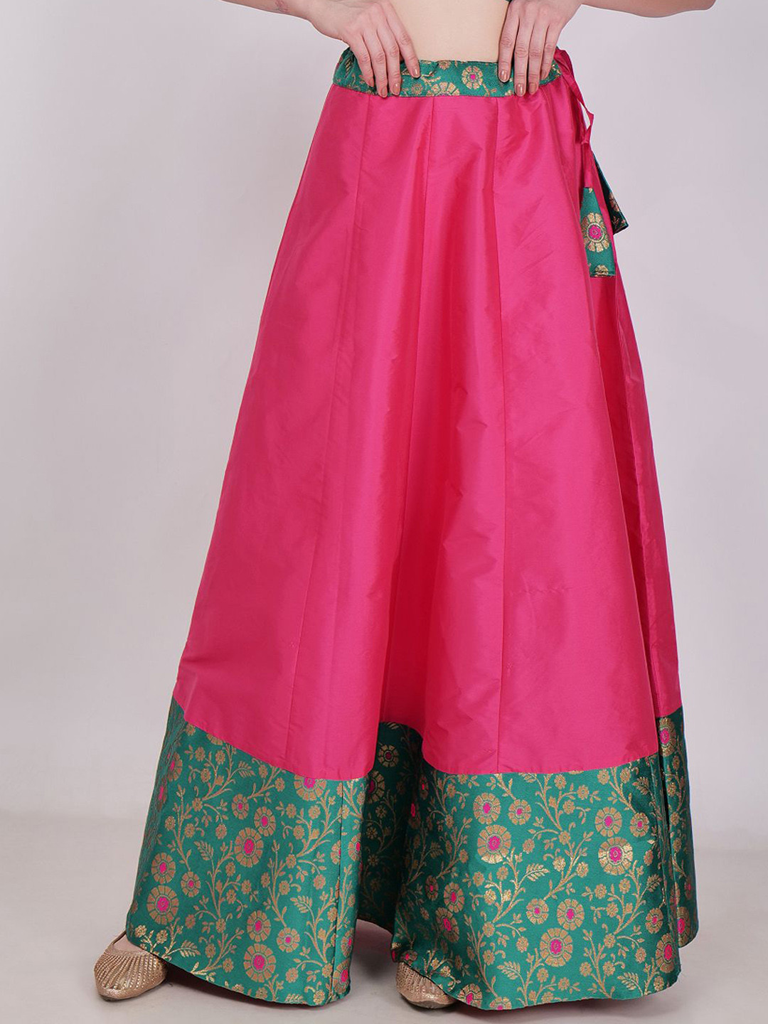 Frolic Rolic Pink & Green Floral Jacquard border Silk Maxi Skirt