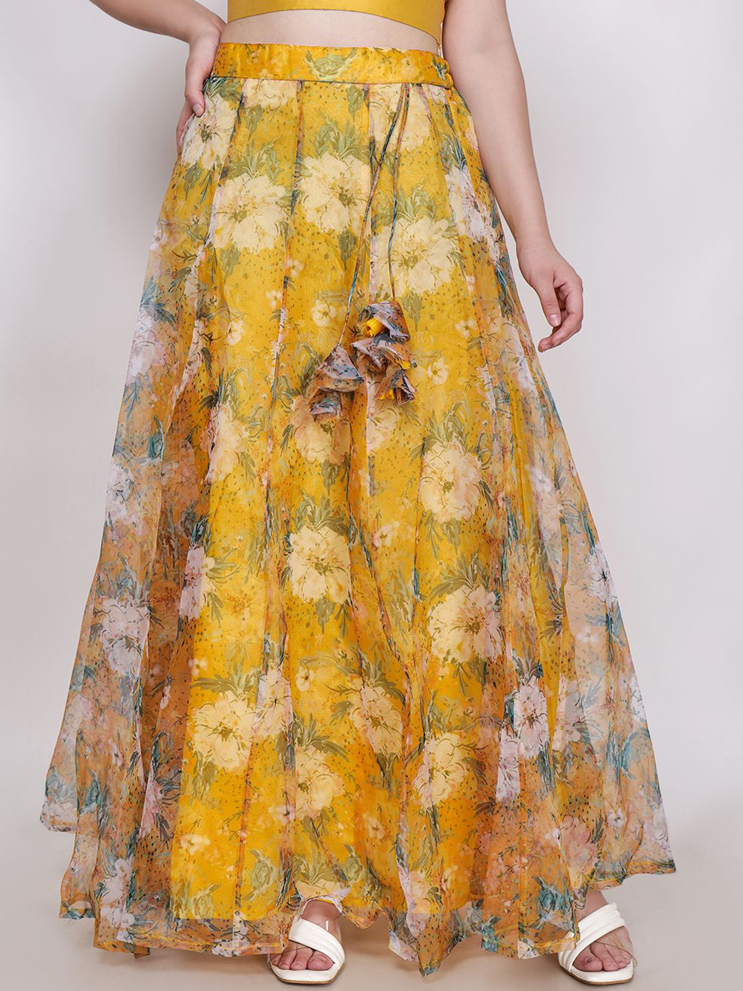 Frolic Rolic Yellow Floral Printed Organza Maxi Skirt