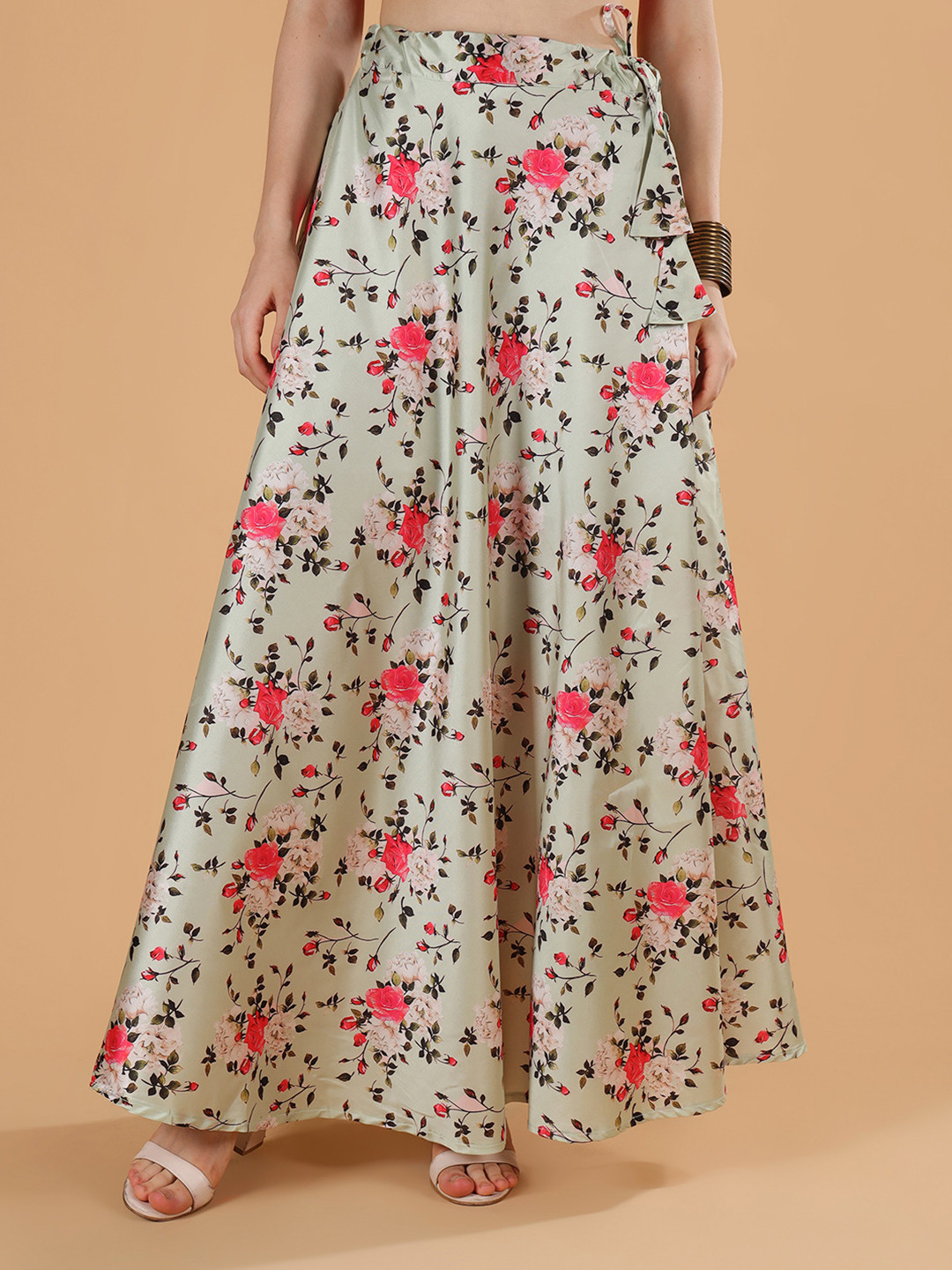 Frolic Rolic Green Floral Print Silk Maxi Skirt