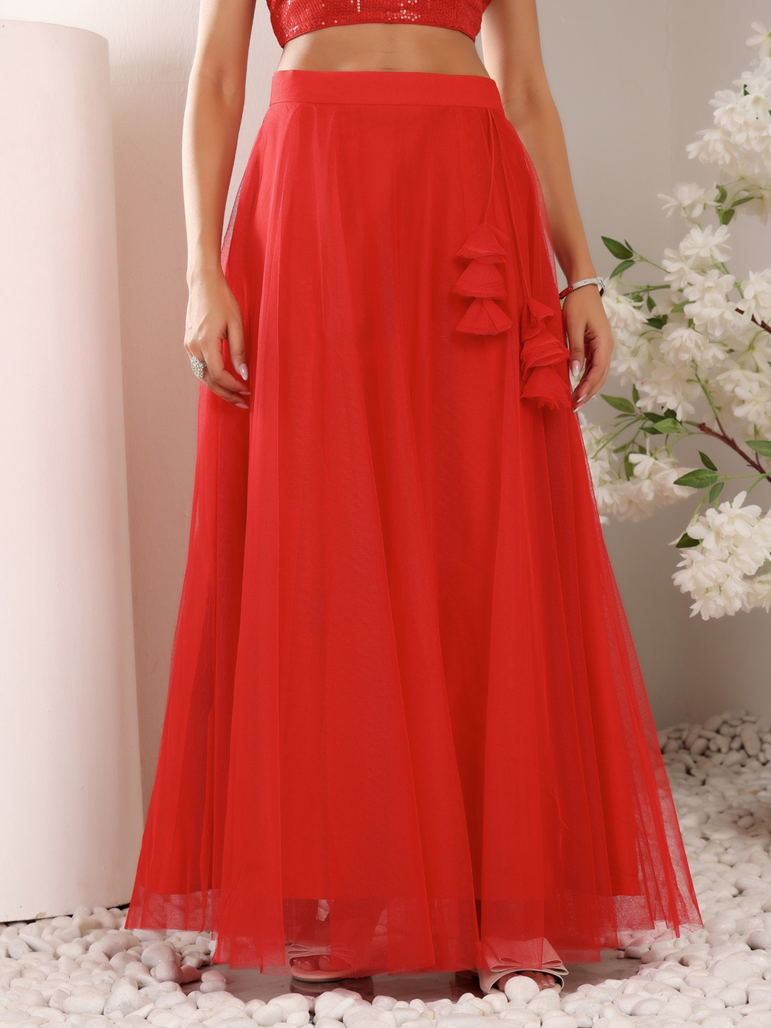 Frolic Rolic Red Solid Net Maxi Skirt